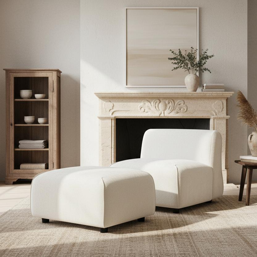 Fauteuil contemporain velours avec ottoman
