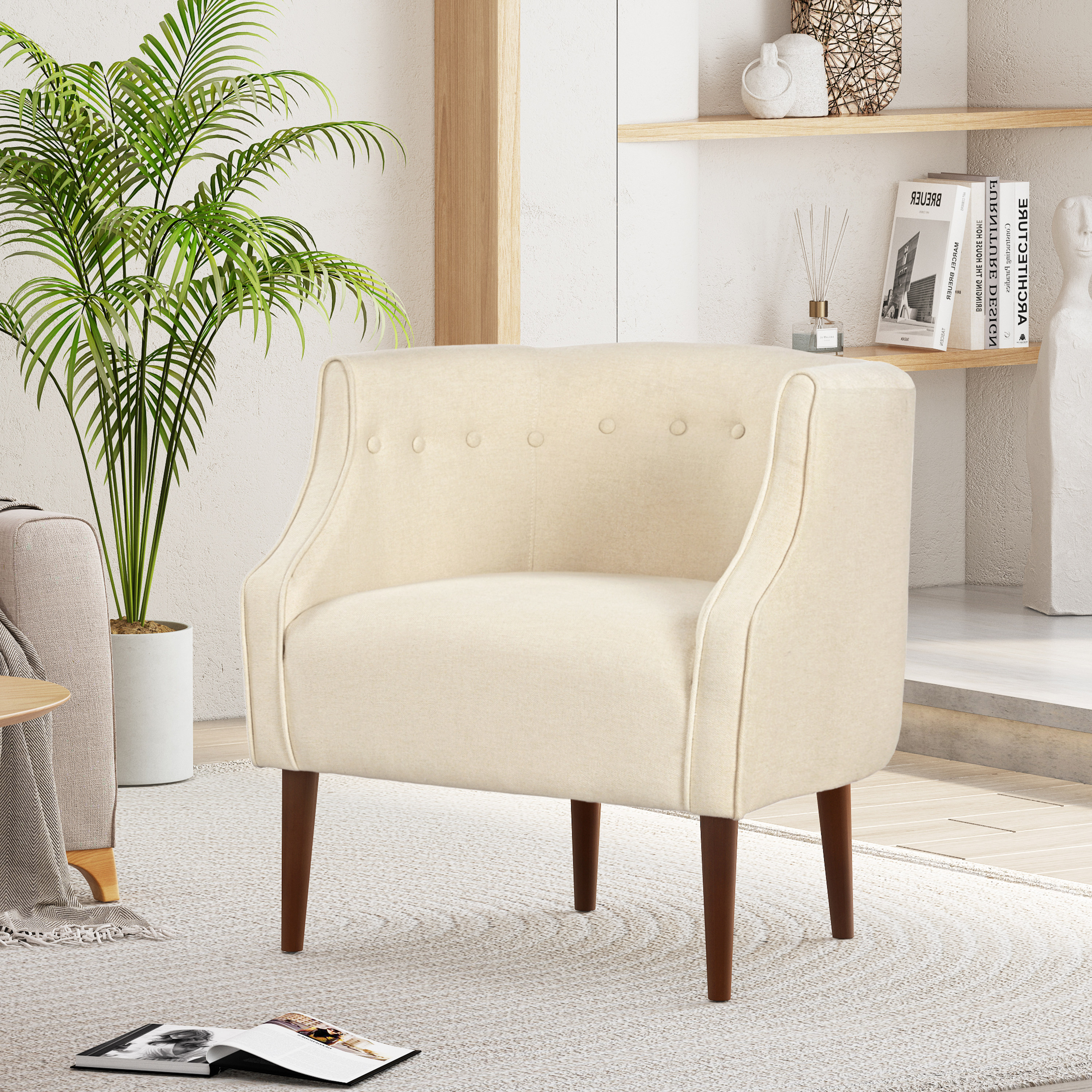 Fauteuil club moderne capitonné pieds bouleau mi-siècle