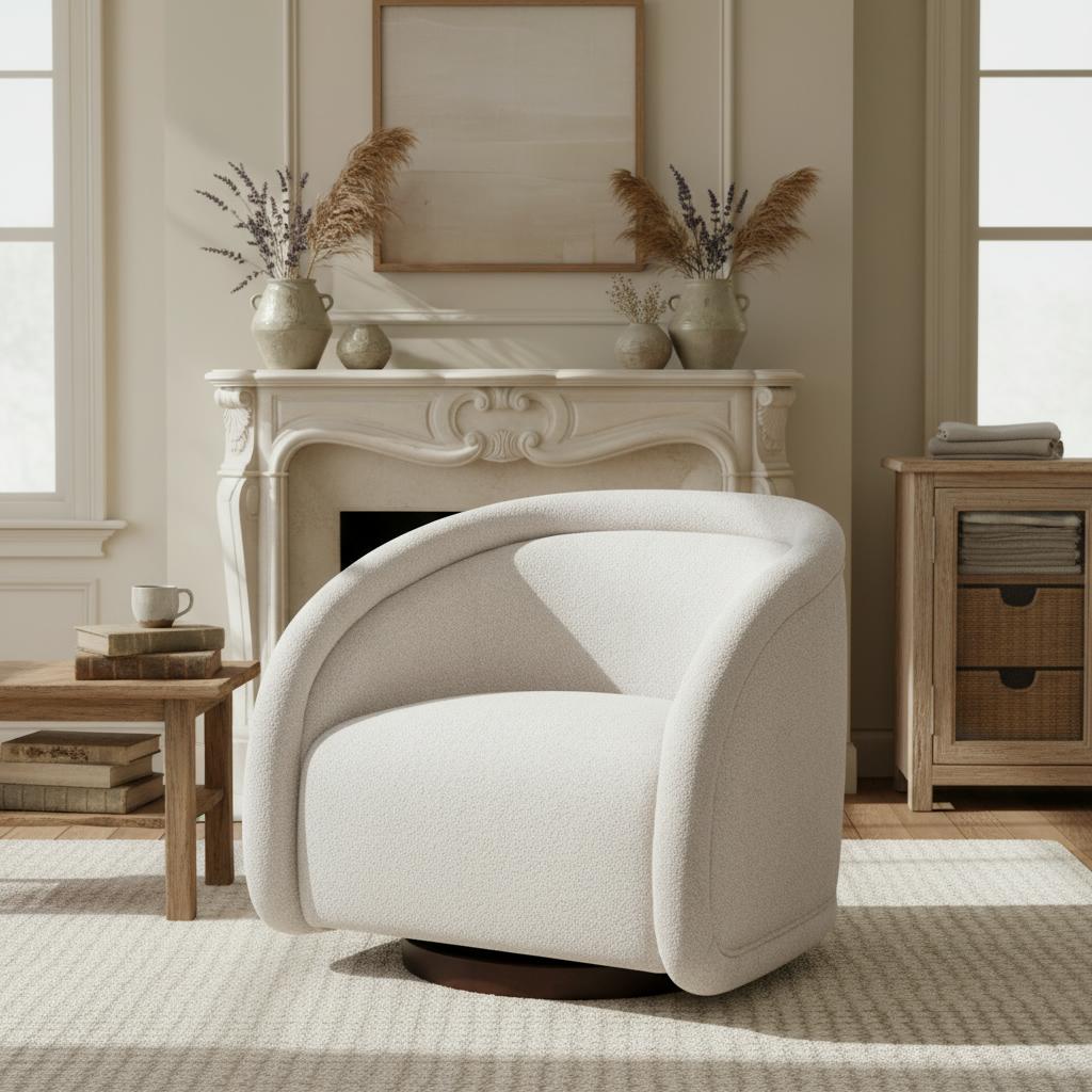 Fauteuil pivotant Sabbo beige boucle base noyer