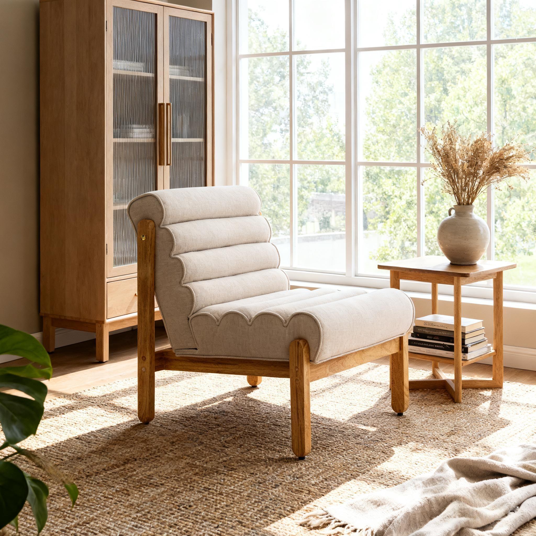 Fauteuil accent pelucheux beige, cadre bois naturel