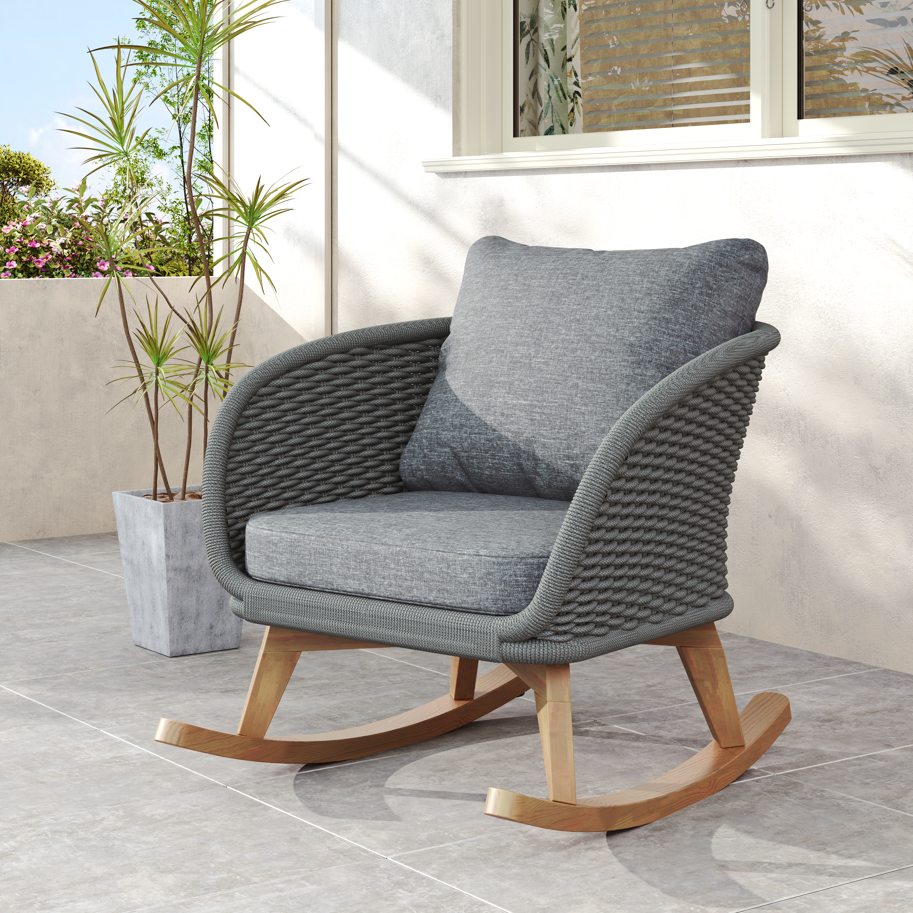 Chaise berçante rotin grise 29,5 po, coussin polyester