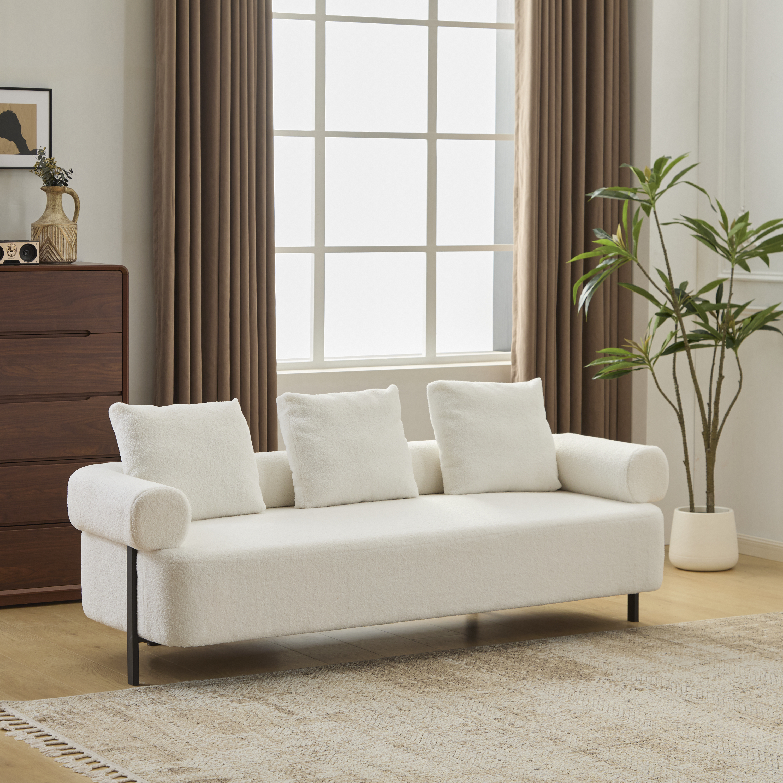 Canapé 3 places beige 78po capitonné confortable 3 coussins salon chambre