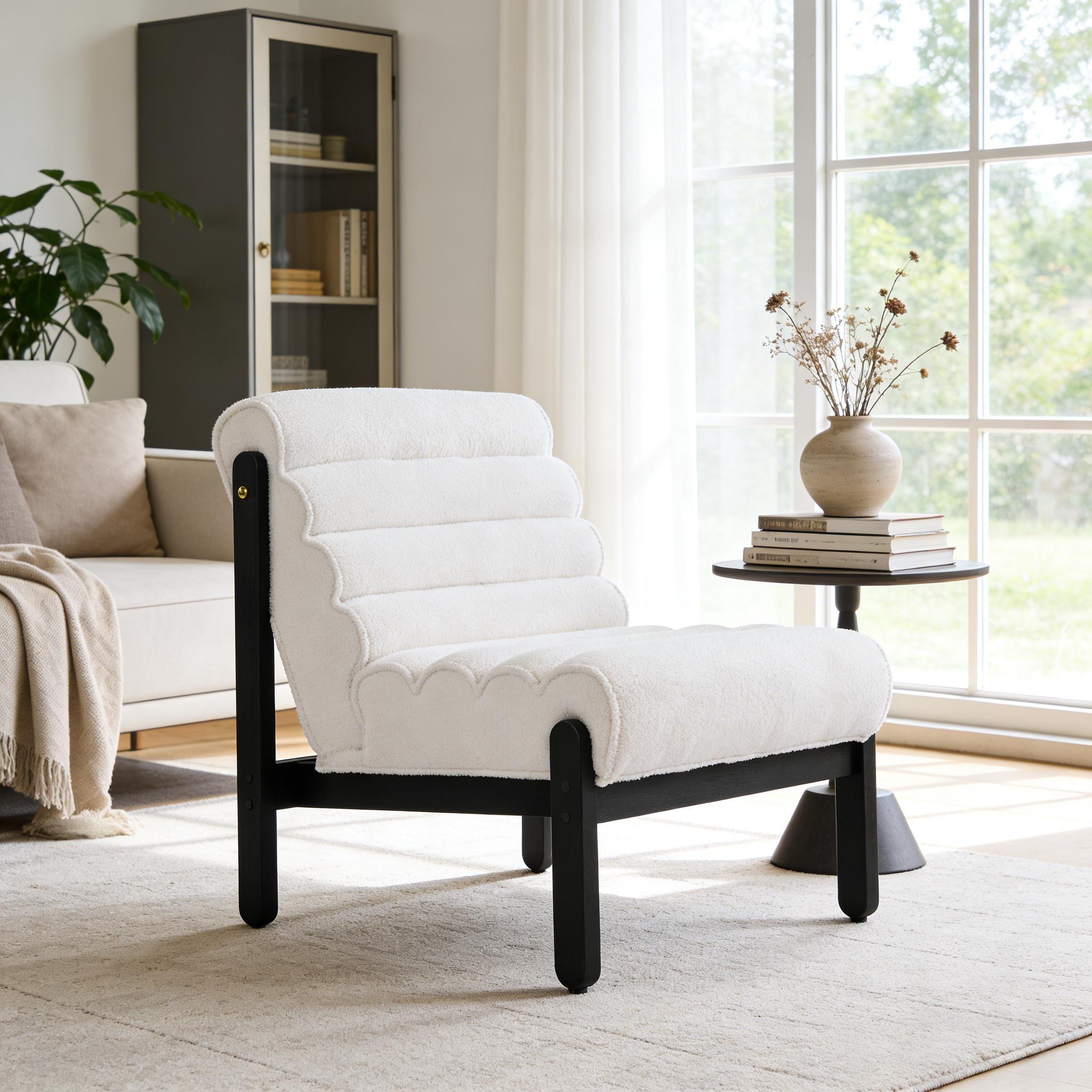 Fauteuil accent peluche blanc cadre bois noir