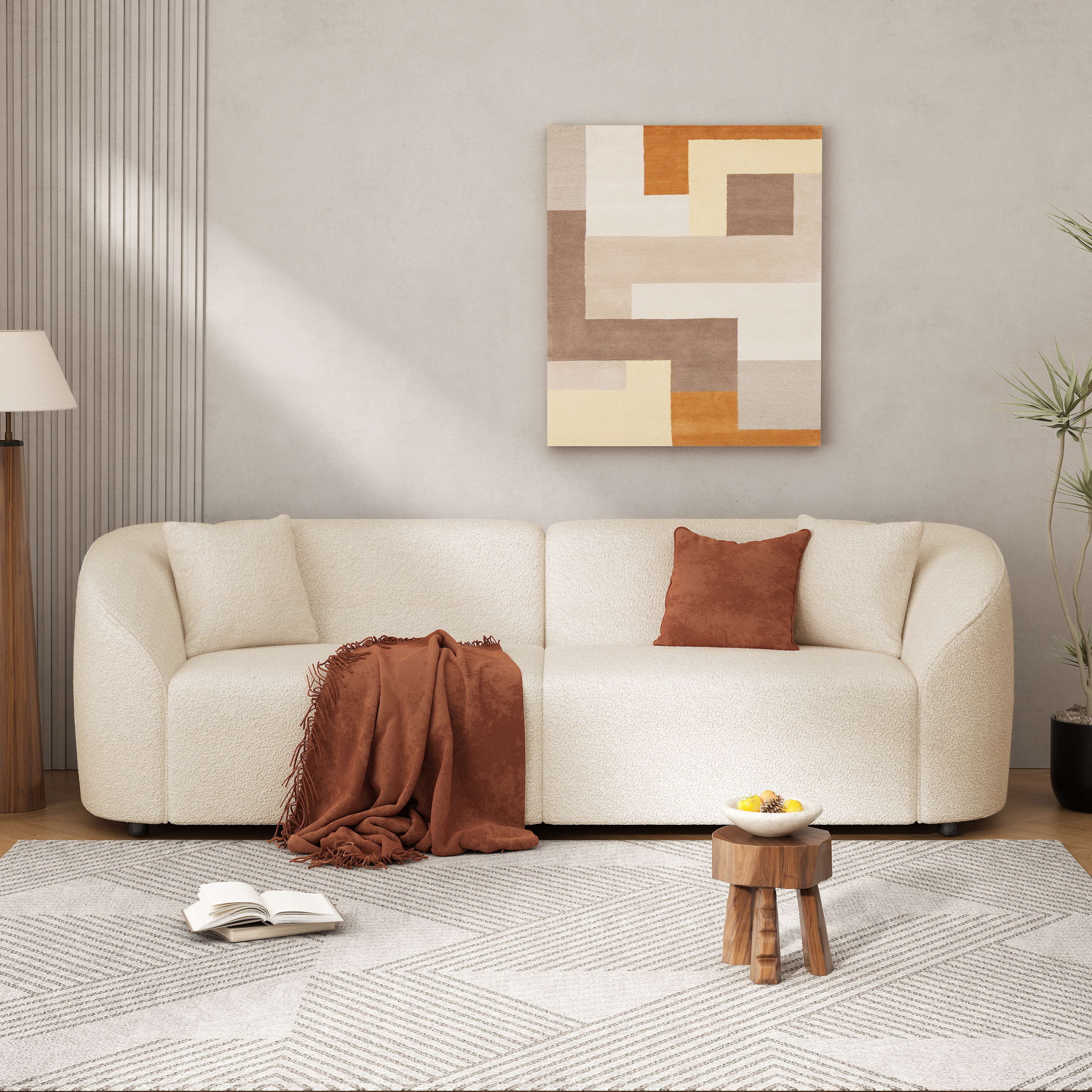 Canapé contemporain courbe beige 87", design épuré, châssis durable