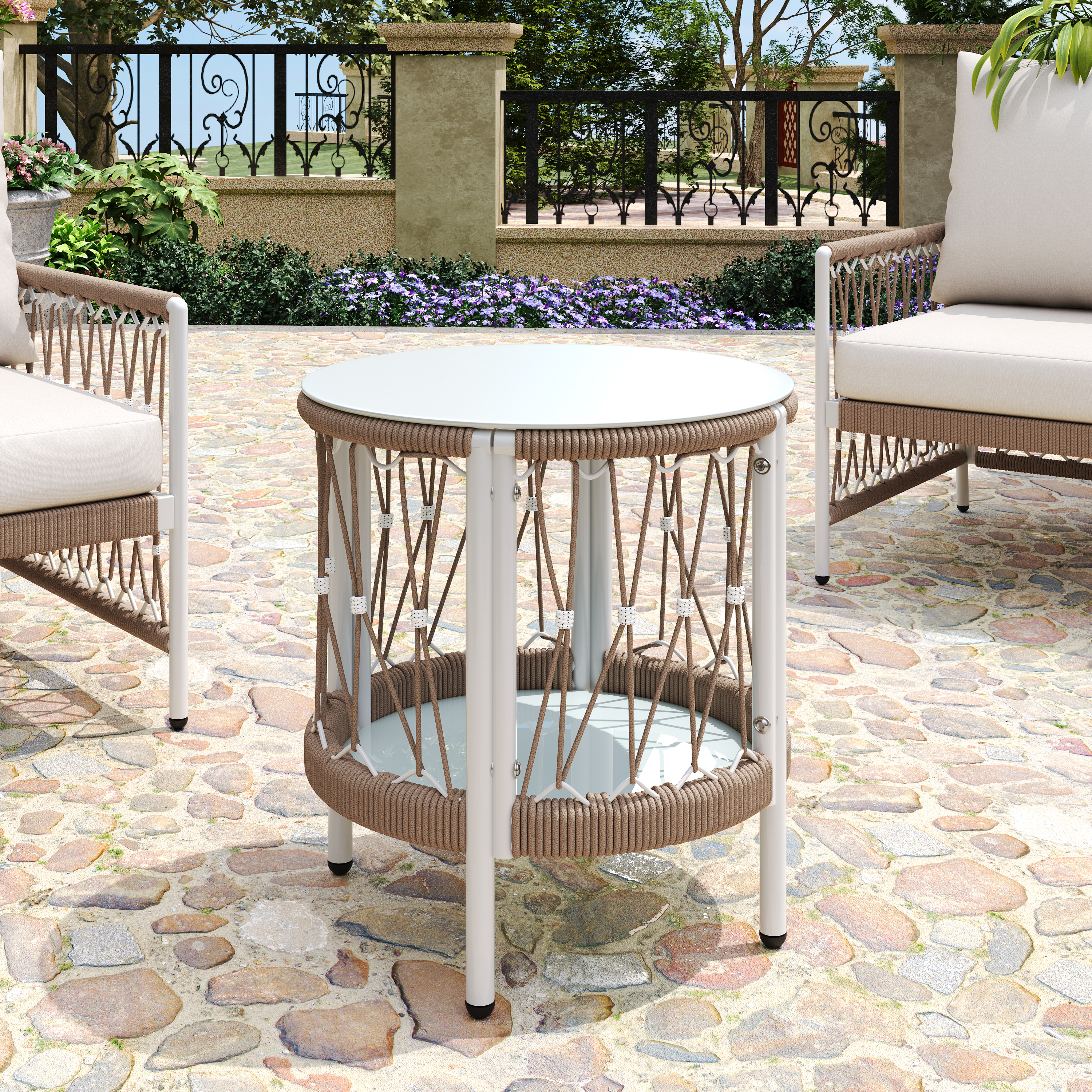 Table accent patio 17,32po corde tressée acier verre