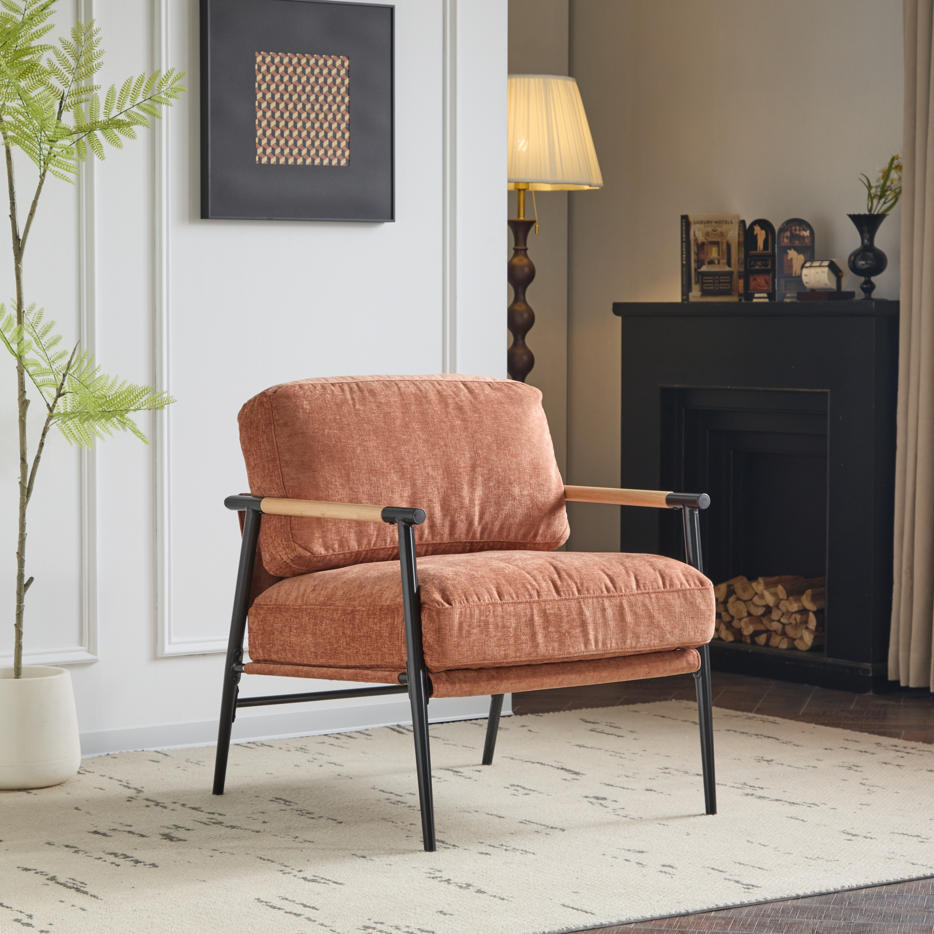 Chaise accent moderne coussin épais cadre métal armrest bois 27,56 po
