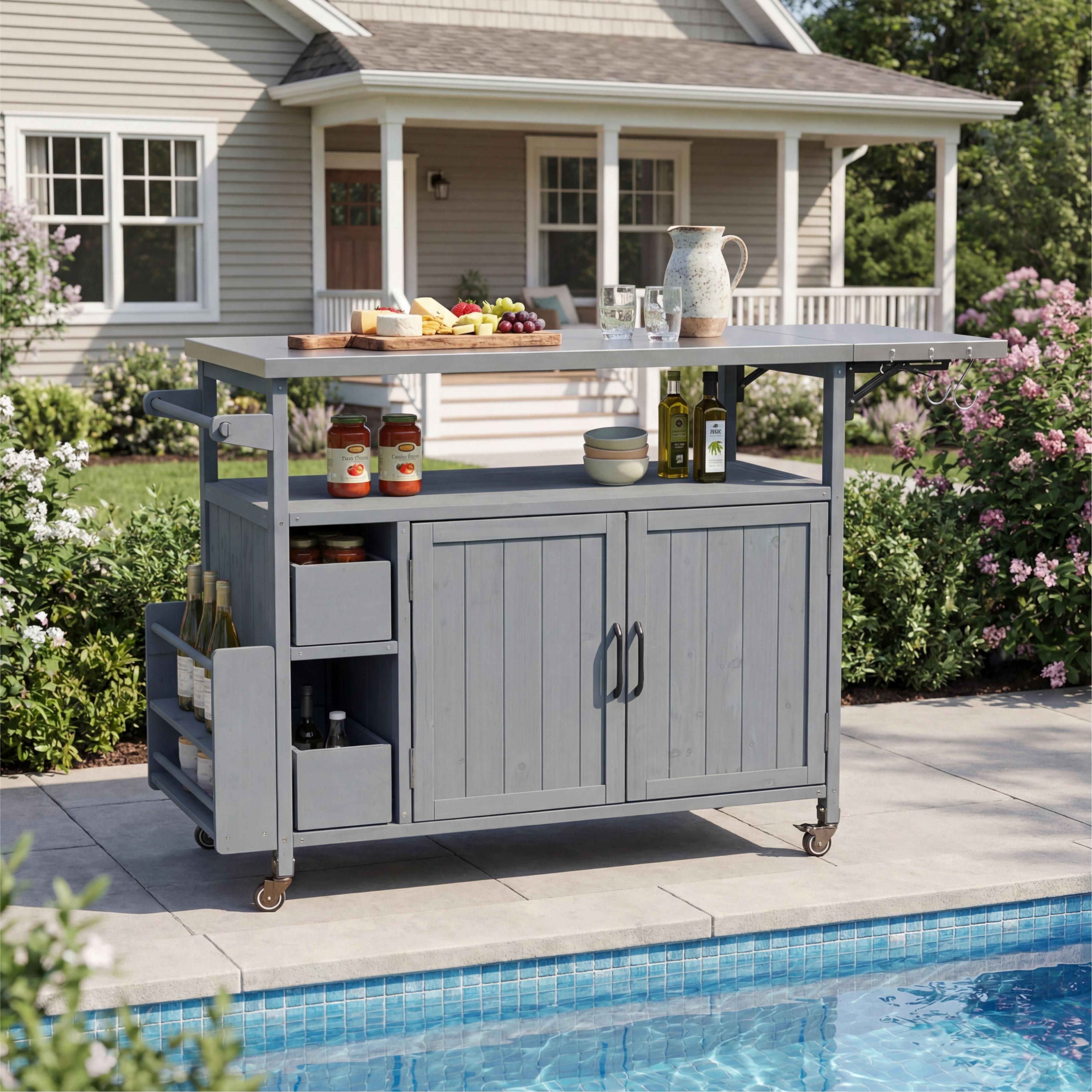 Chariot cuisine extérieur 54.33po bois, acier inox, roulettes