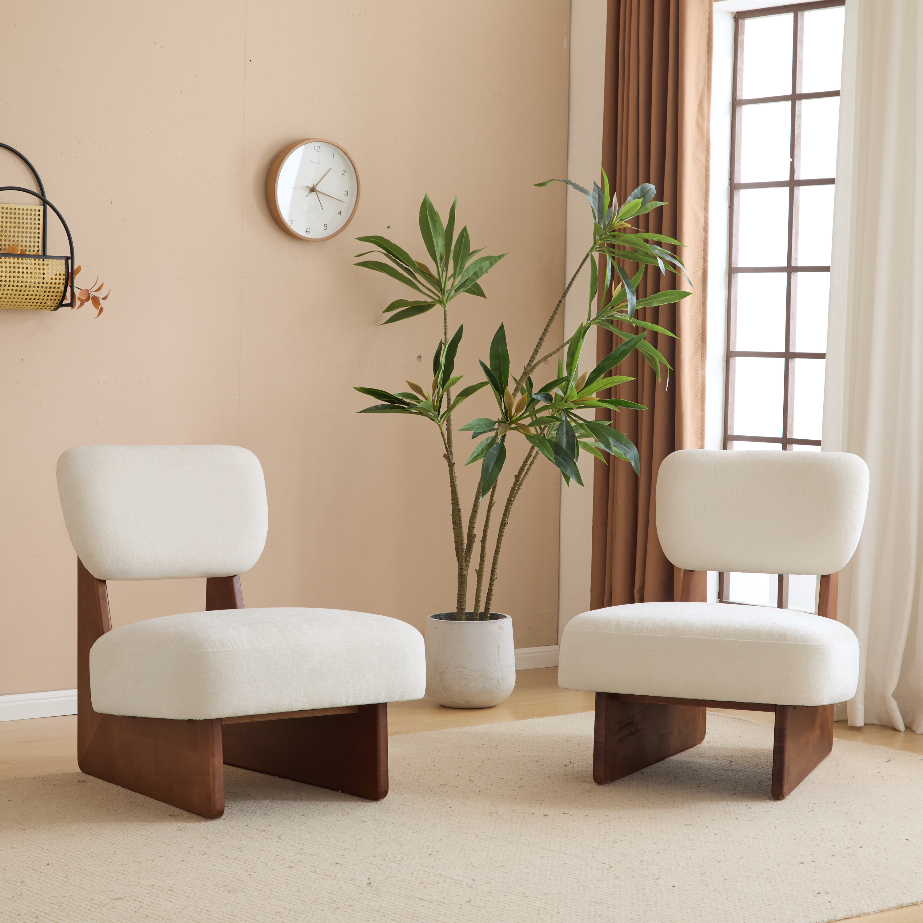 Fauteuil lounge beige bois noyer style minimaliste moderne