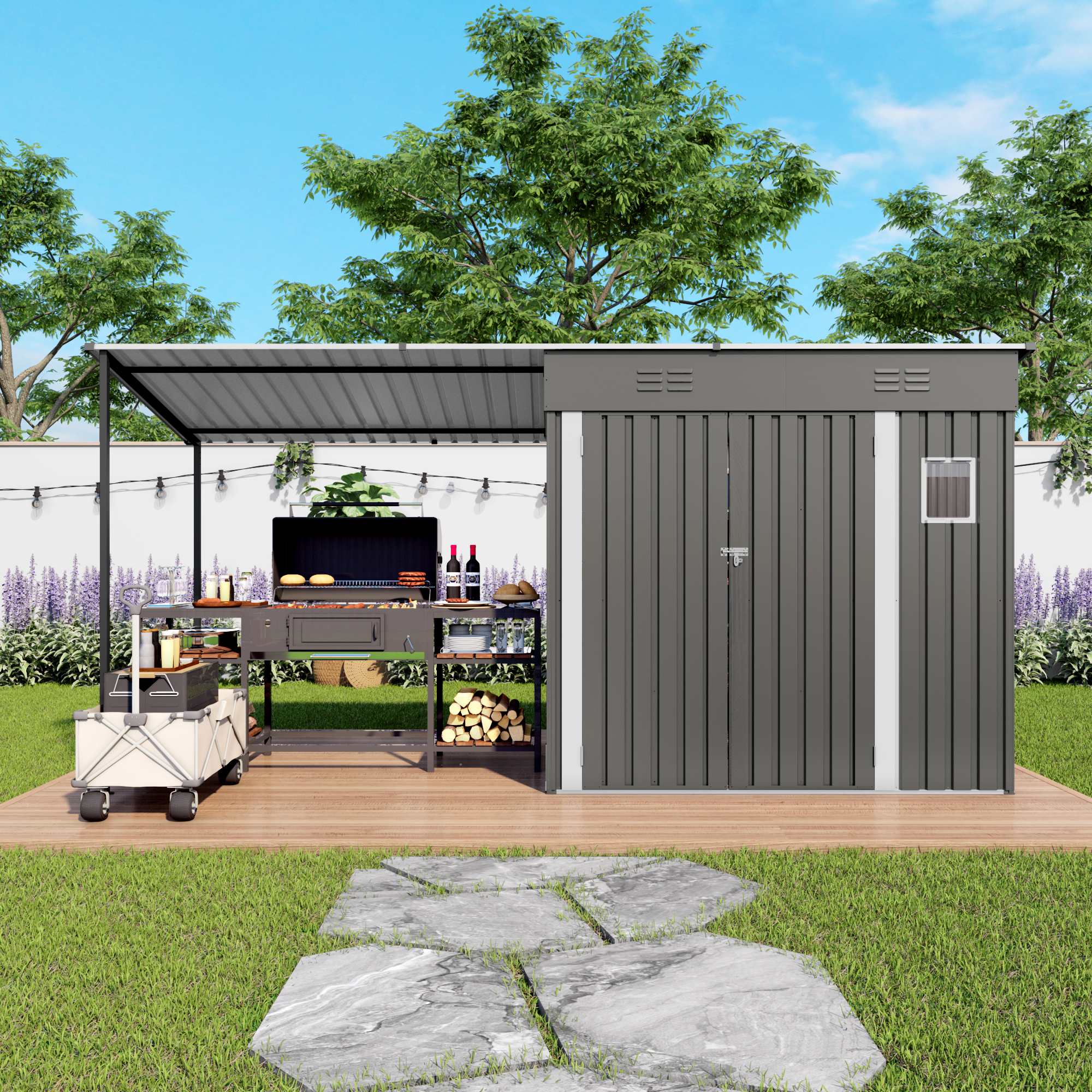 Remise métal appuyée 12x4', pergola 4'x6' + gazebo 6'x4'