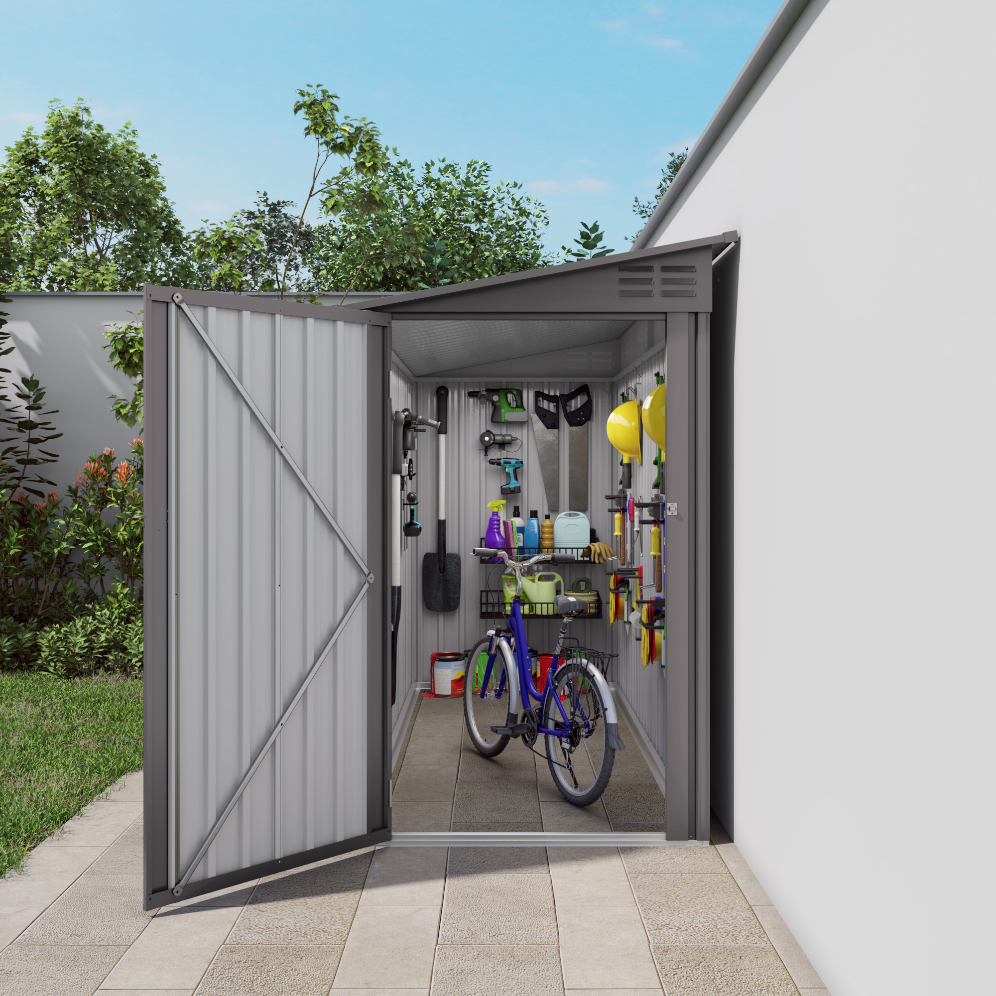 Remise appuyée 4x9 pi avec fenêtres, métal, toit incliné, gris