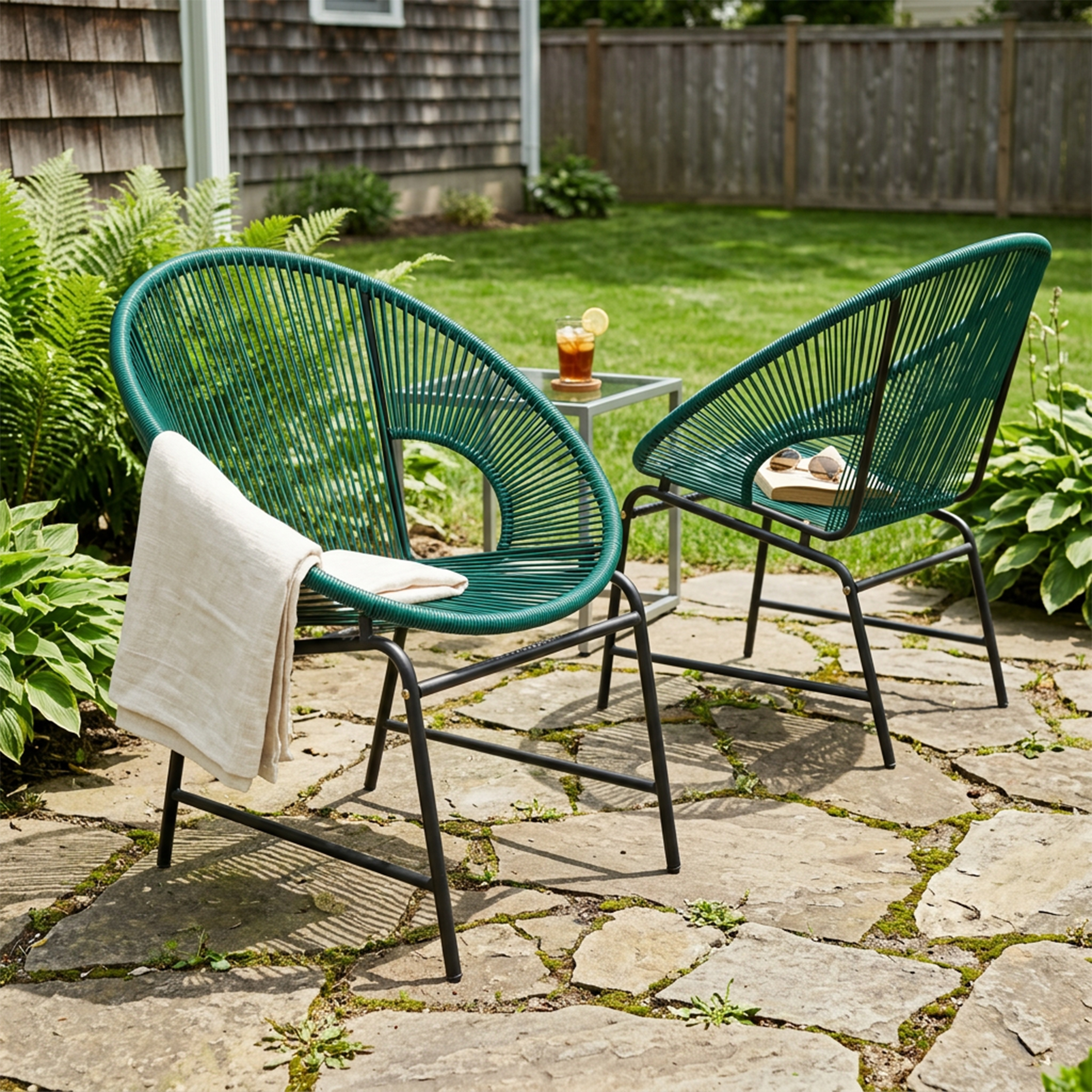 Chaise patio NUSA rotin PE teal, cadre fer, ens. de 2