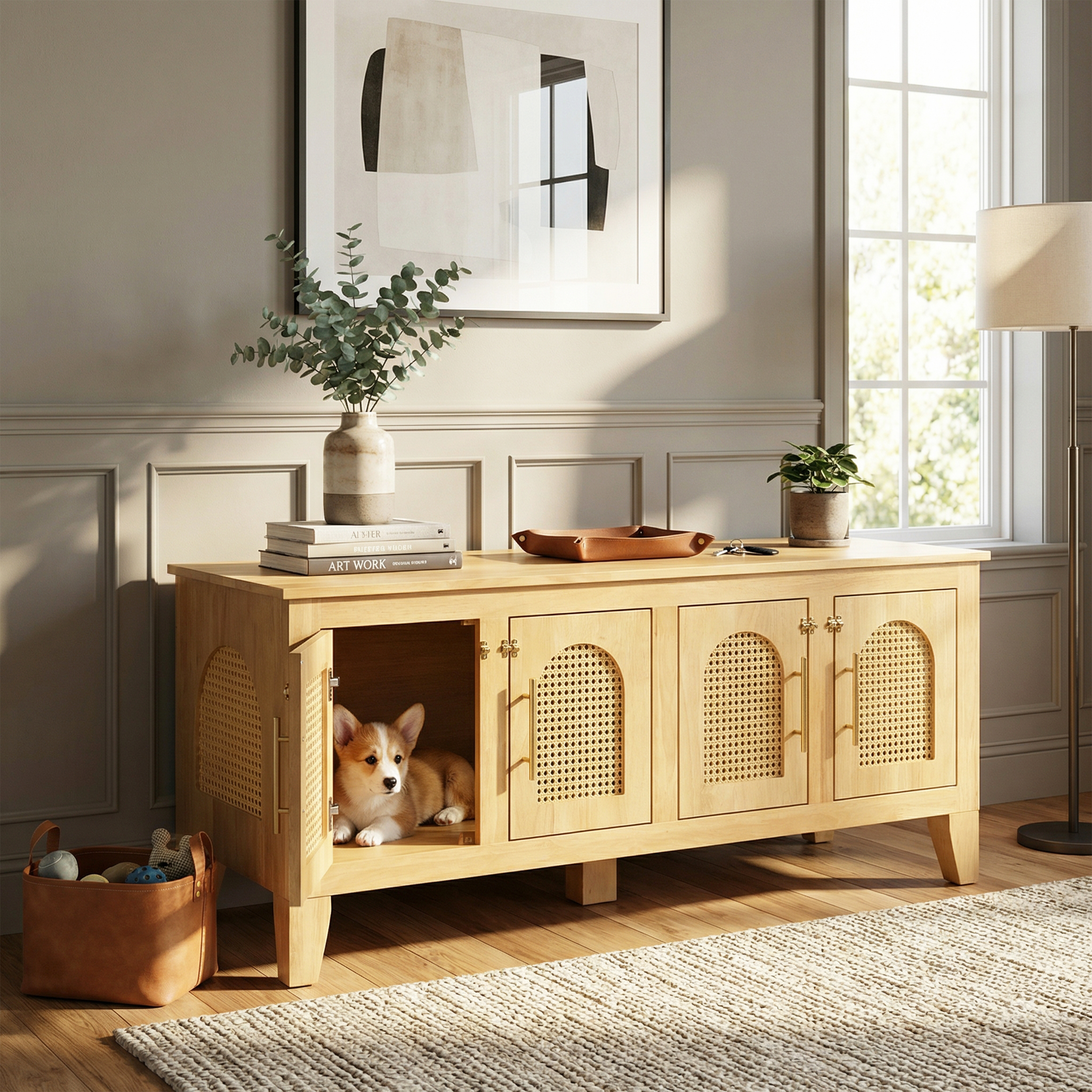 Cage chien meuble rotin Lars rangement, 4 portes
