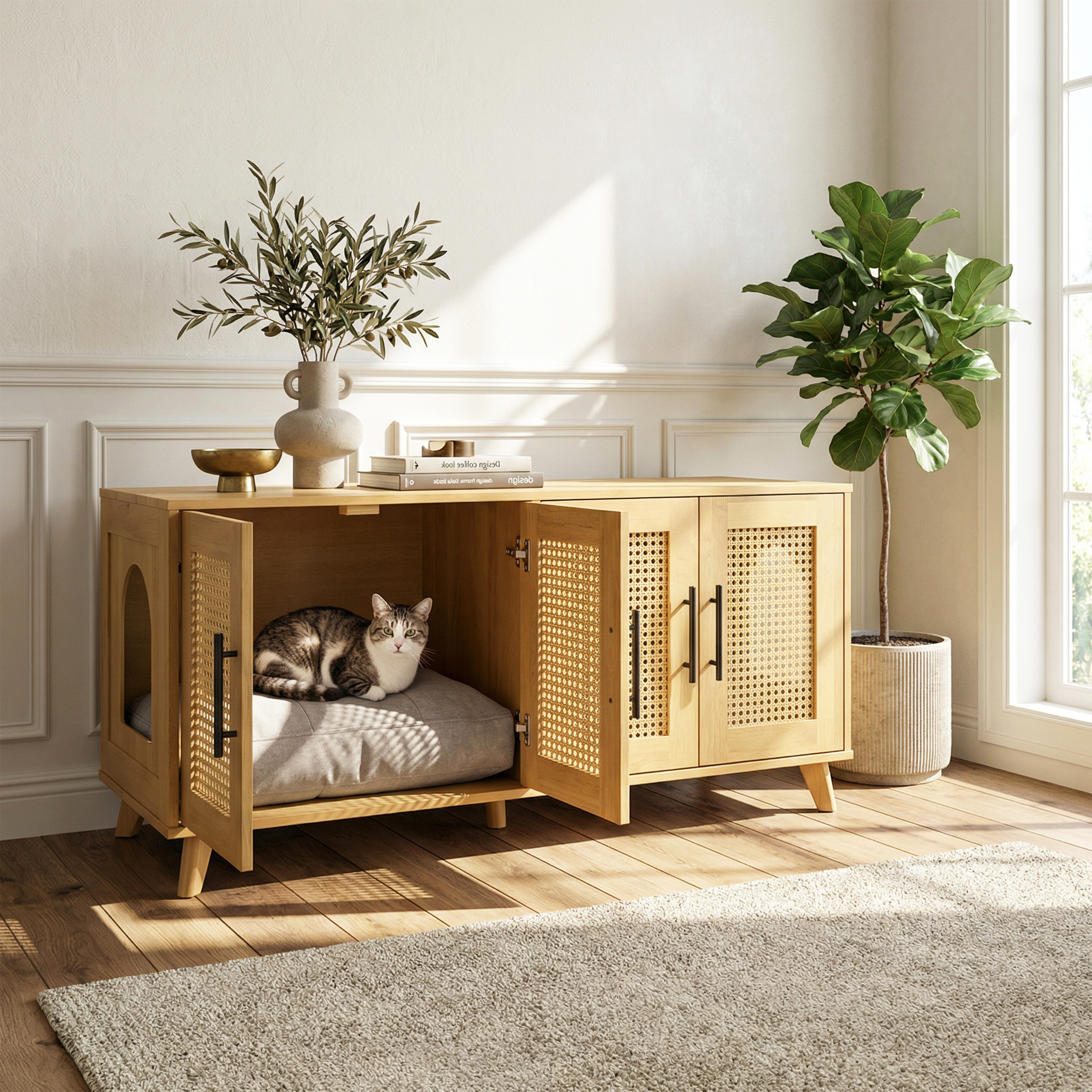 Meuble chat bois caoutchouc coussin peluche