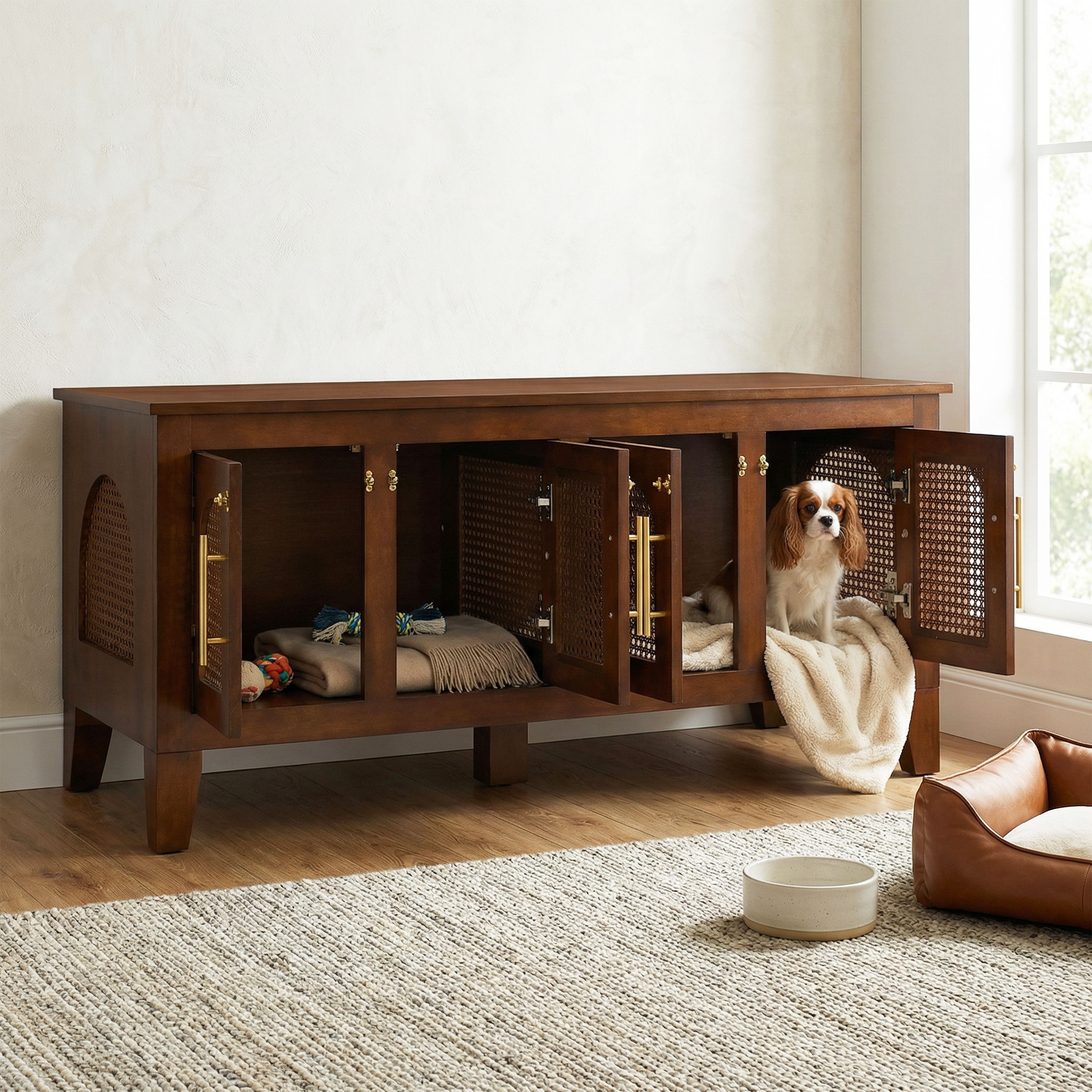 Cage chien meuble rotin Lars, 4 portes, stylée