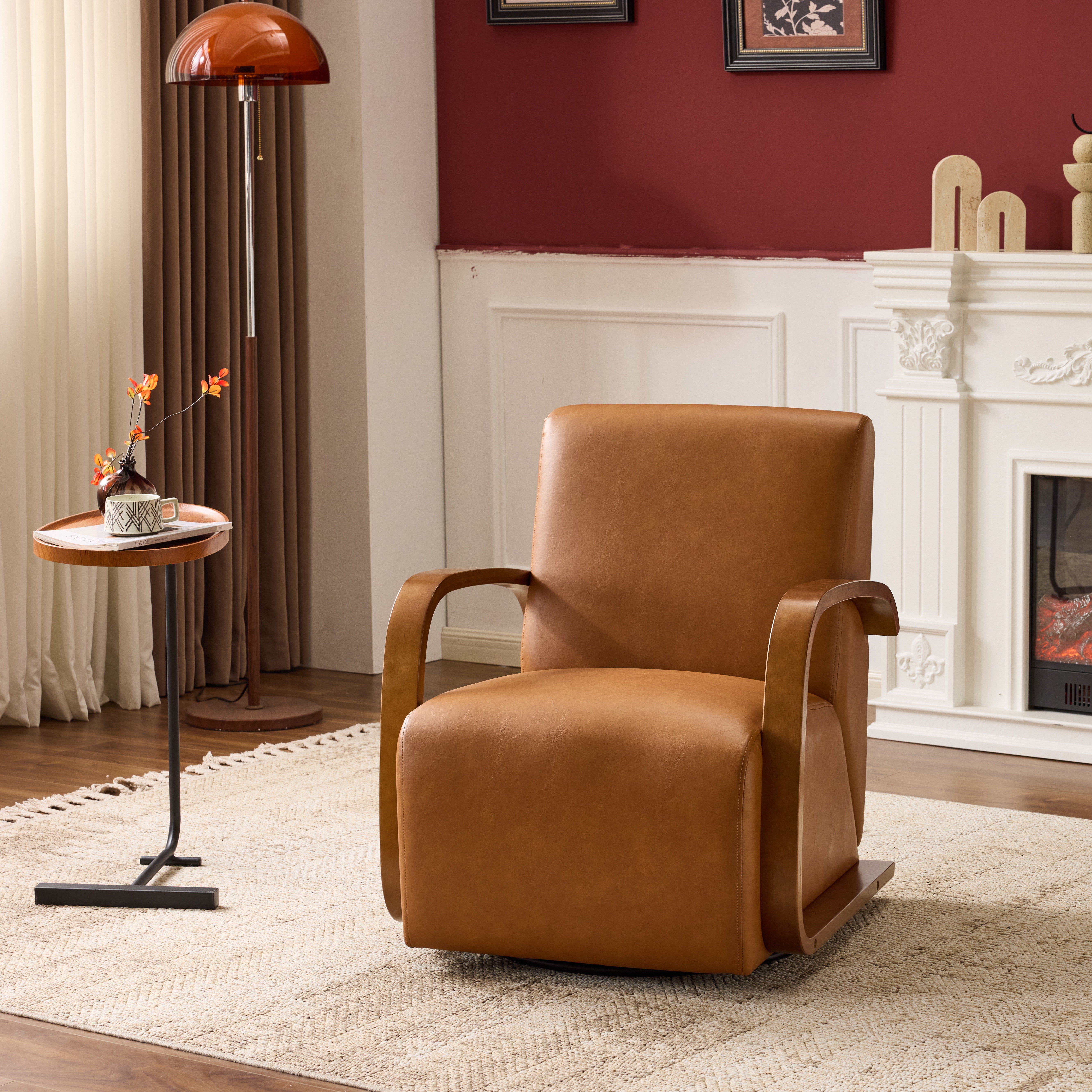 Fauteuil accent pivotant brun cuir faux vintage bois massif
