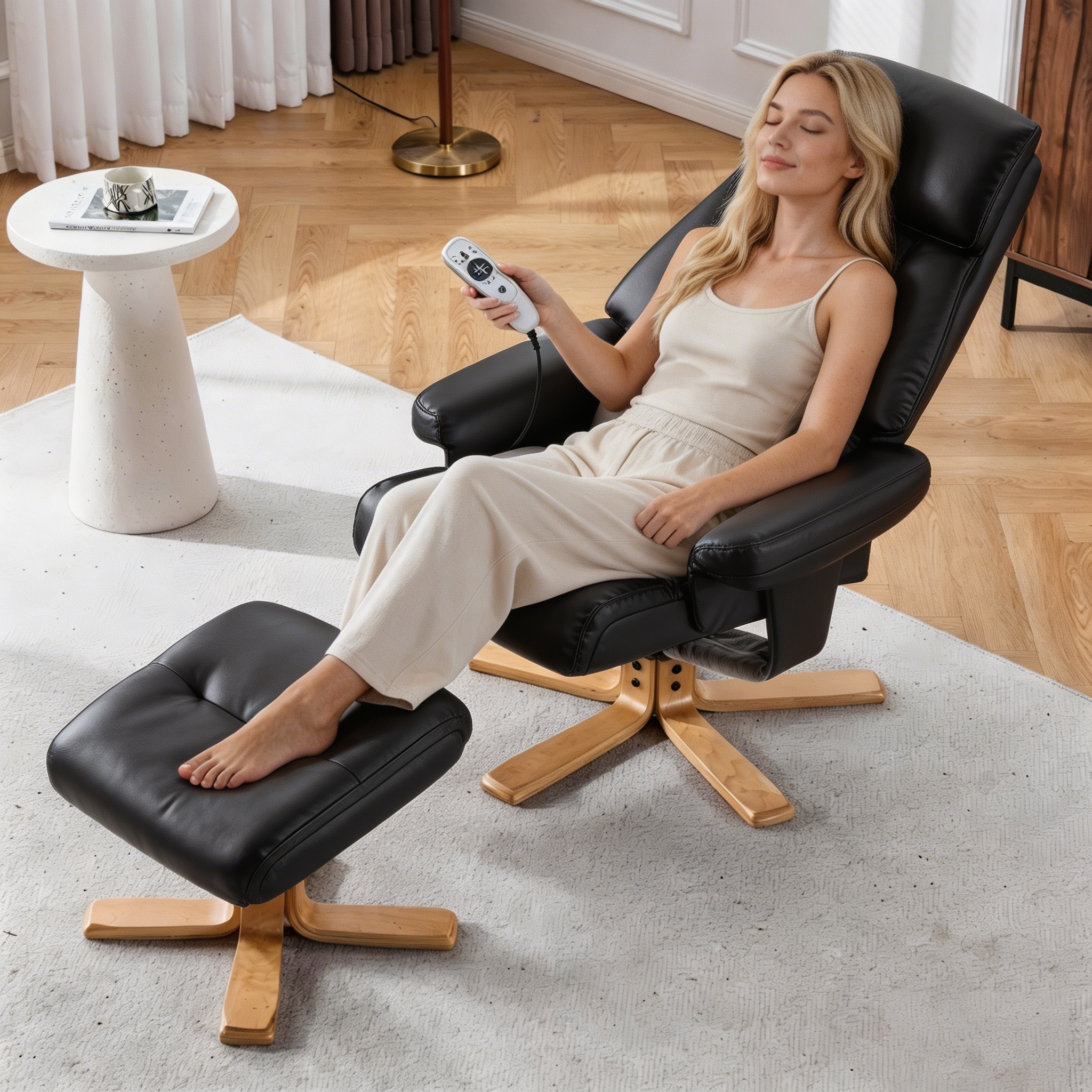 Fauteuil massage chauffant cuir noir 360°, ottoman, ergonomique