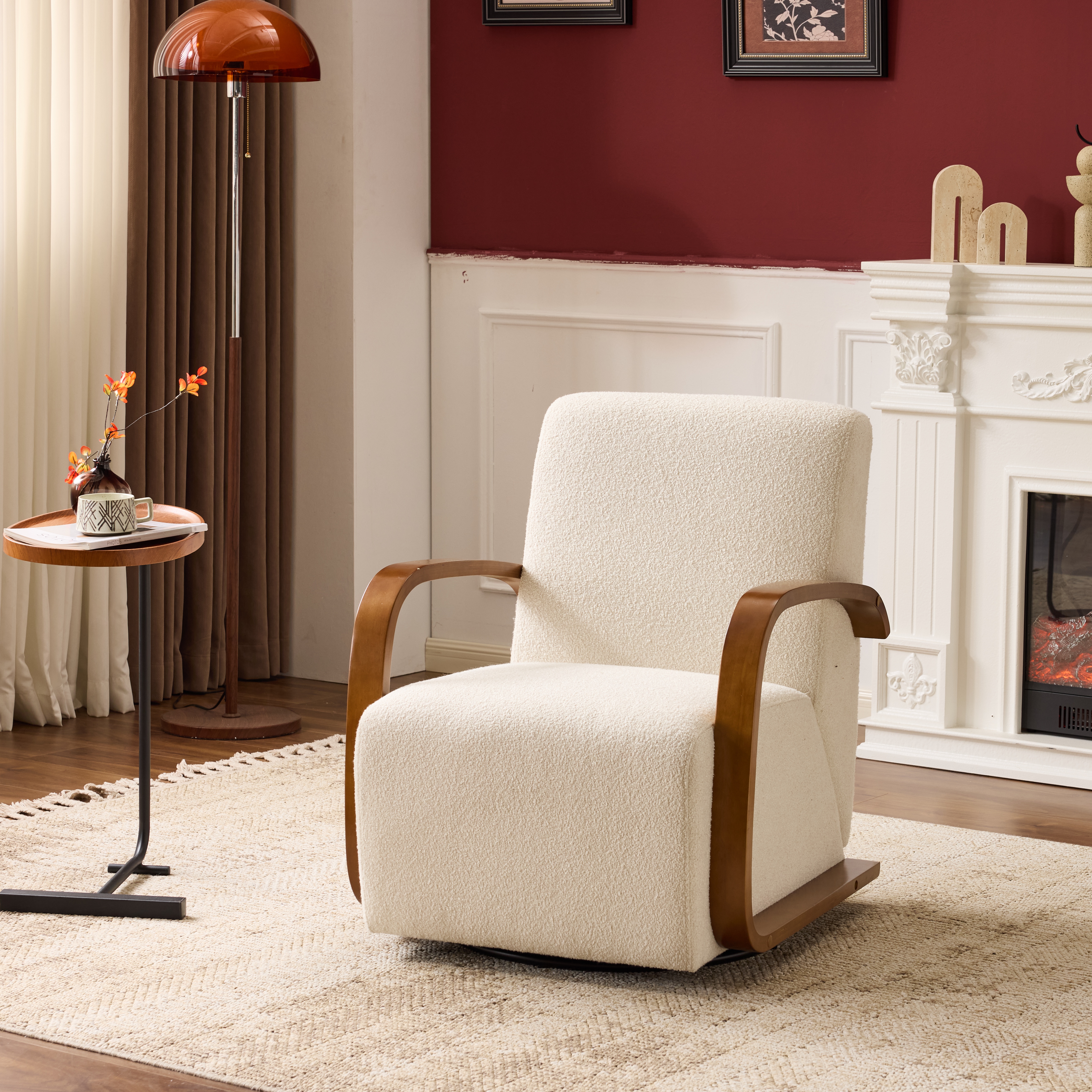 Chaise pivotante 360° velours crème, bras courbes, style mi-siècle