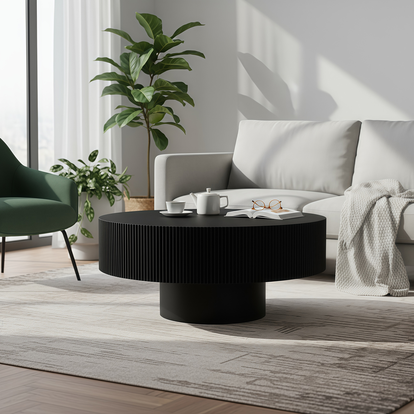 Table basse ronde, piédestal, mid-century, noir épais