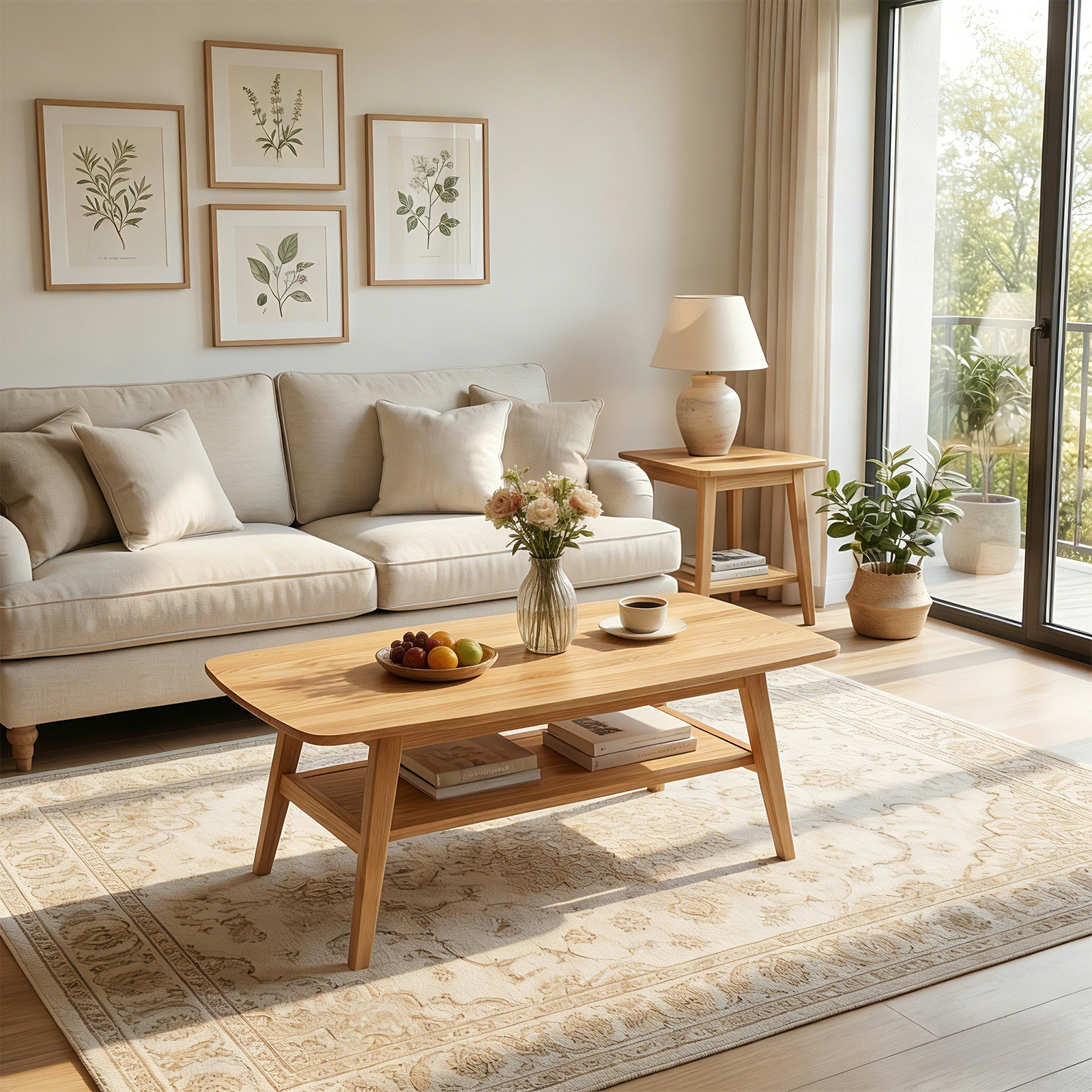 Table basse café années 50 bois chêne massif, 2 étages, 39,37 po naturel
