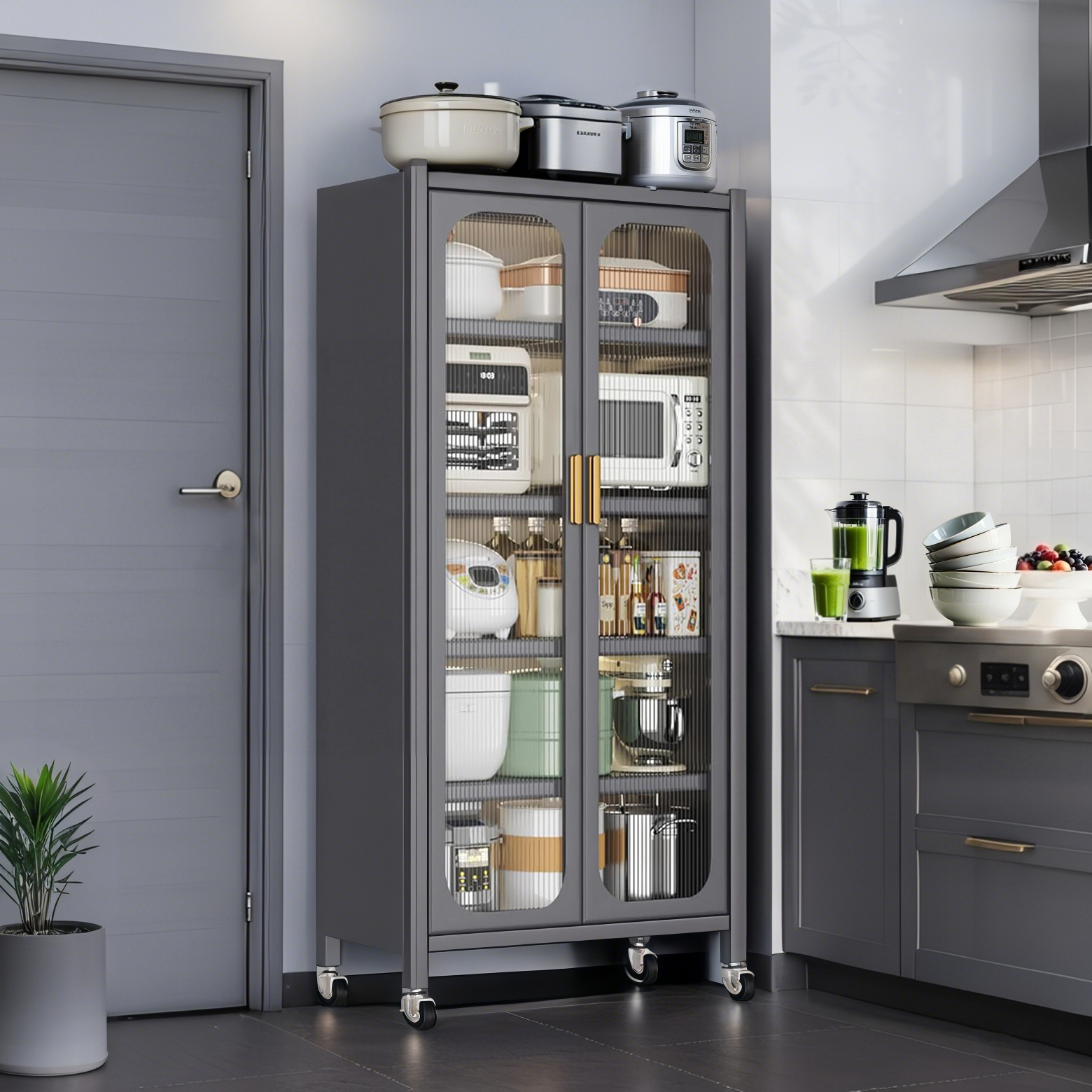 Armoire garde-manger cuisine 65 po, 6 étages porte vitrée, gris