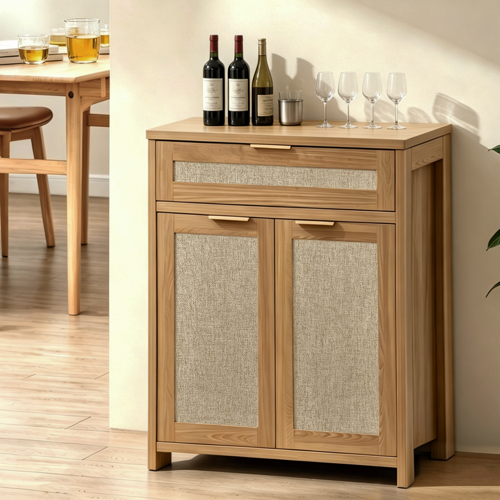 Buffet rotin fermette rangement tiroir étagère bois, salle à manger
