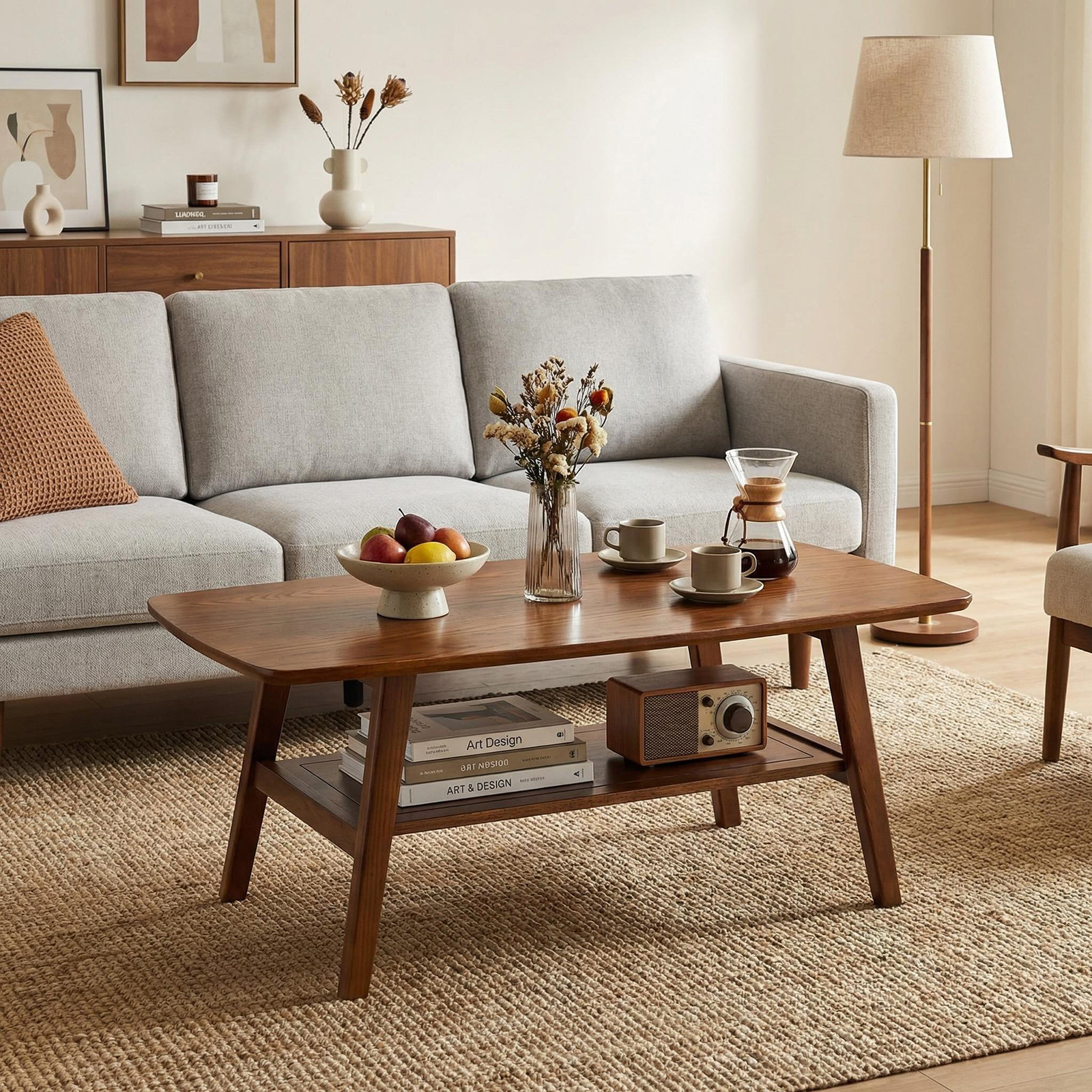 Table café moderne milieu siècle chêne massif, 2 étages, 39,37po L
