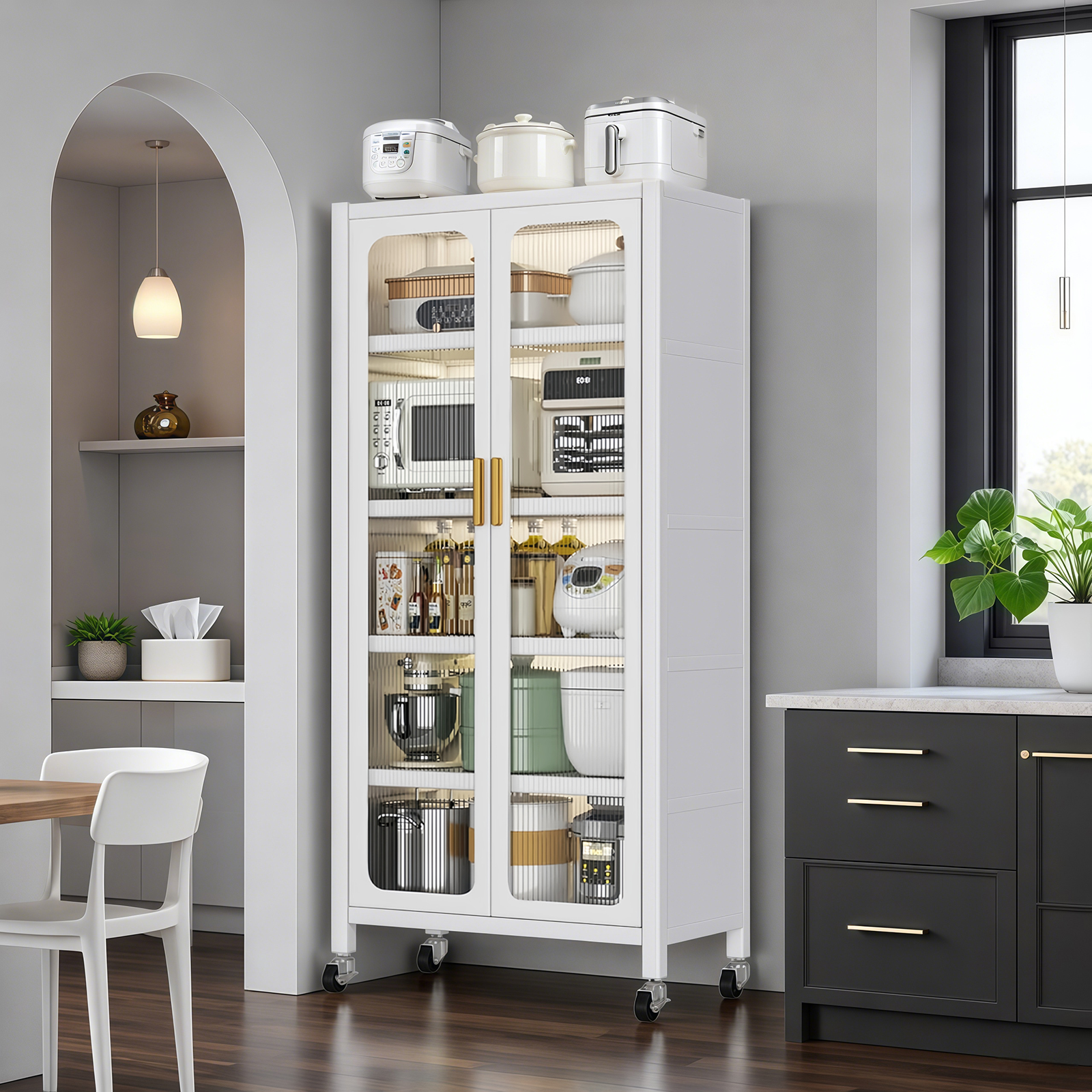 Armoire garde-manger cuisine 65 po, 6 étages porte vitrée, blanc
