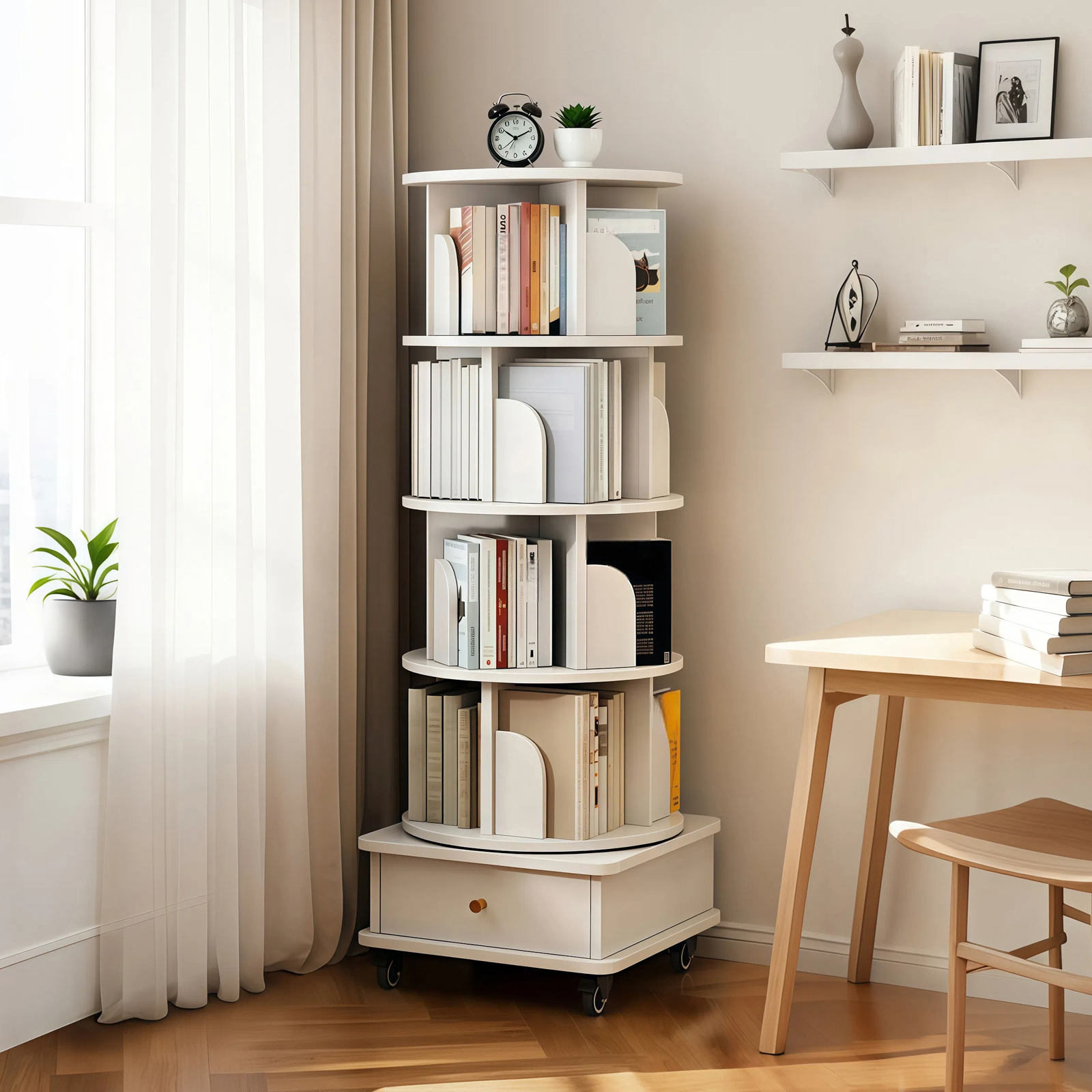 Bibliothèque pivotante 5 étages avec roues blanc chaud