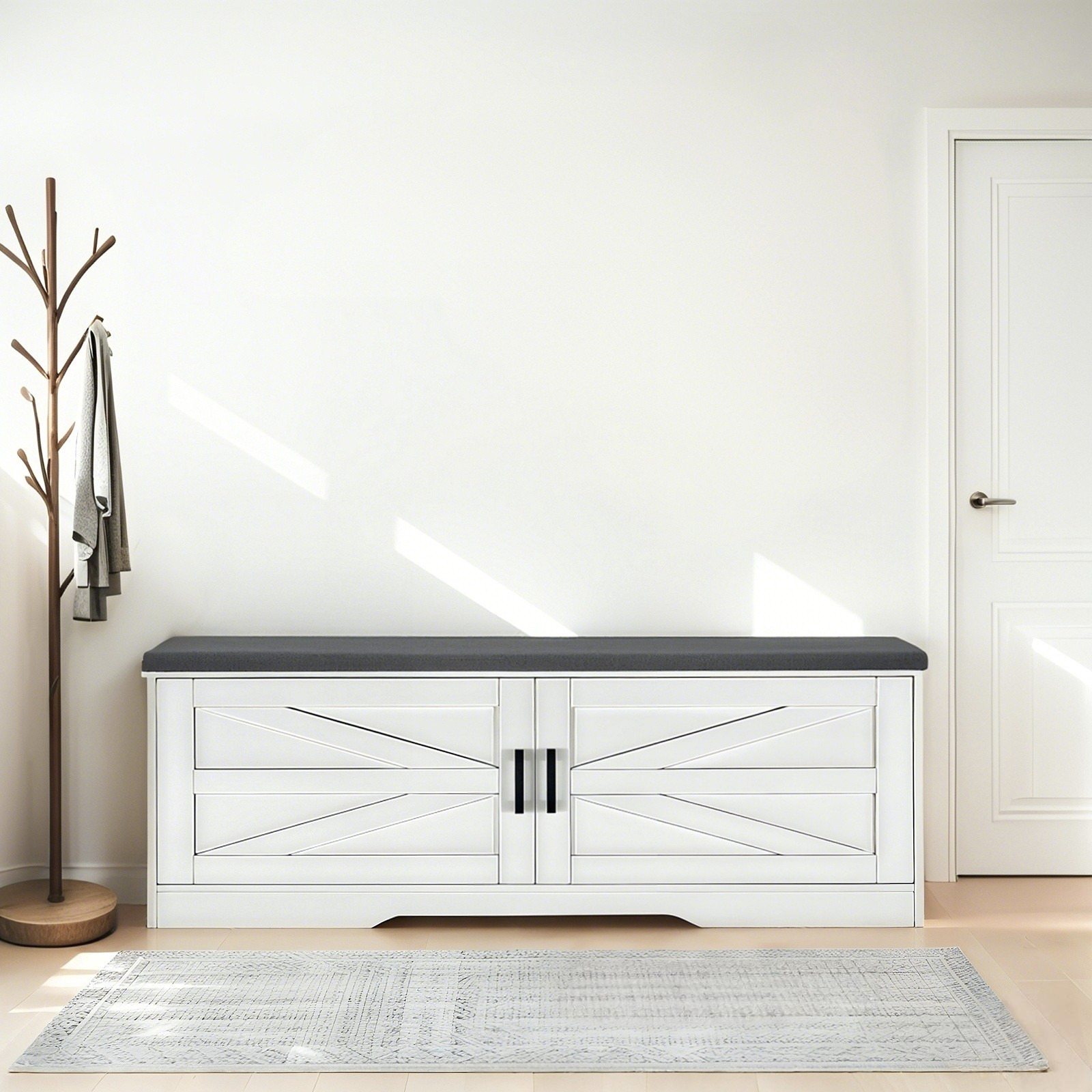 Banc rangement 2 niveaux ferme rembourré blanc