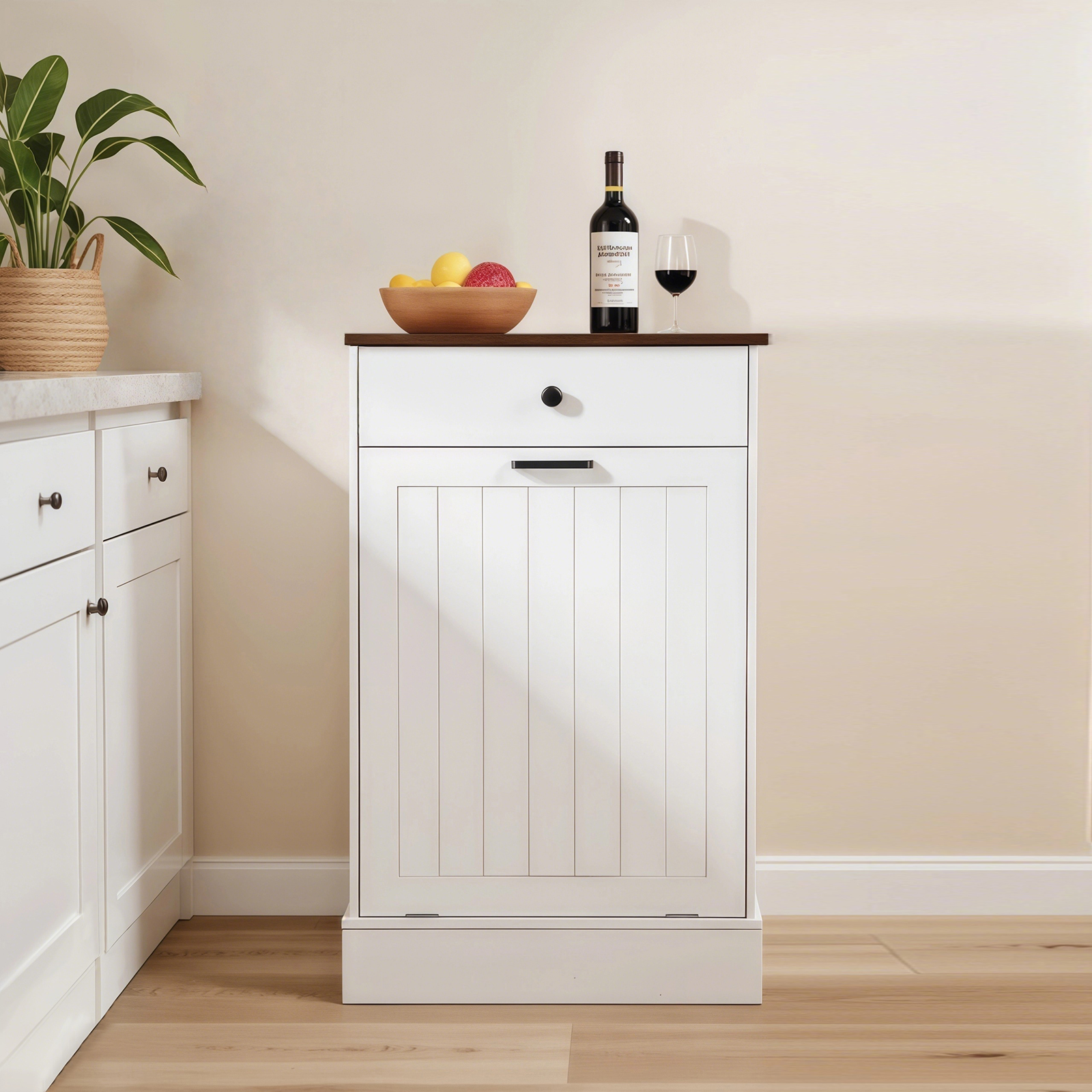 Meuble poubelle inclinable blanc avec tiroir, 10 gallons