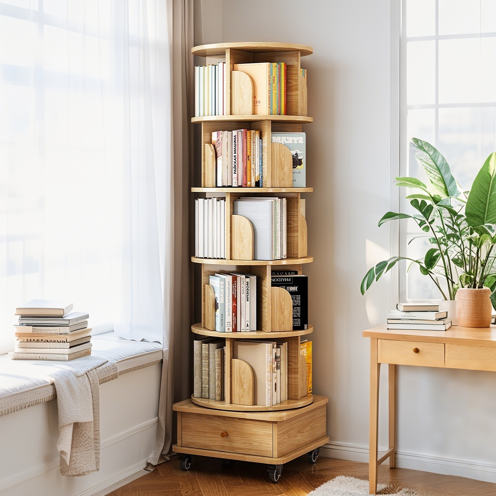Bibliothèque rotative 6 étages tiroir roues bois
