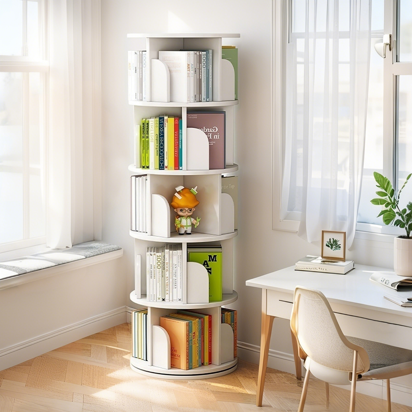Bibliothèque pivotante 5 étages ronde blanc chaud gain d'espace