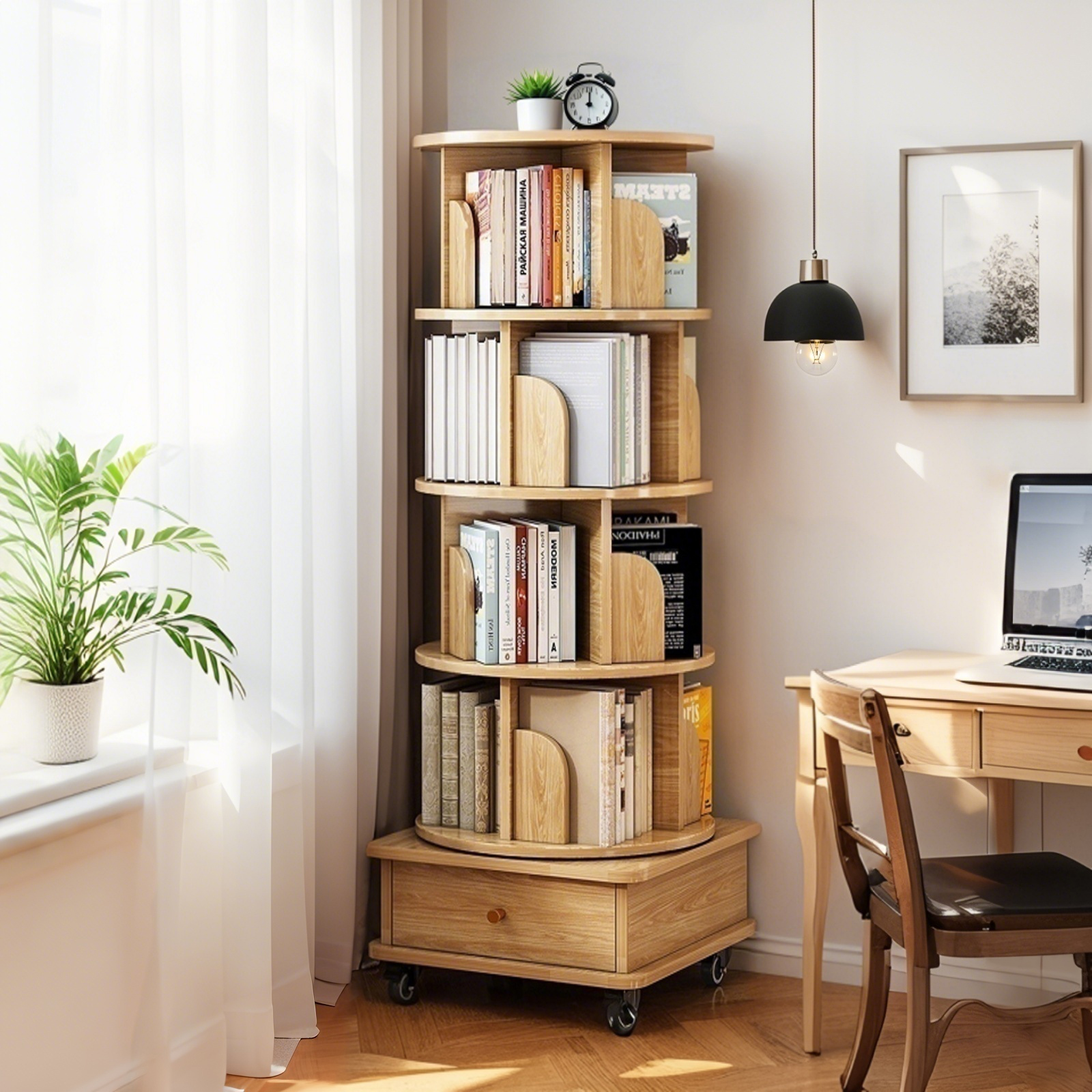 Bibliothèque rotative 5 étages avec roues - Rangement compact