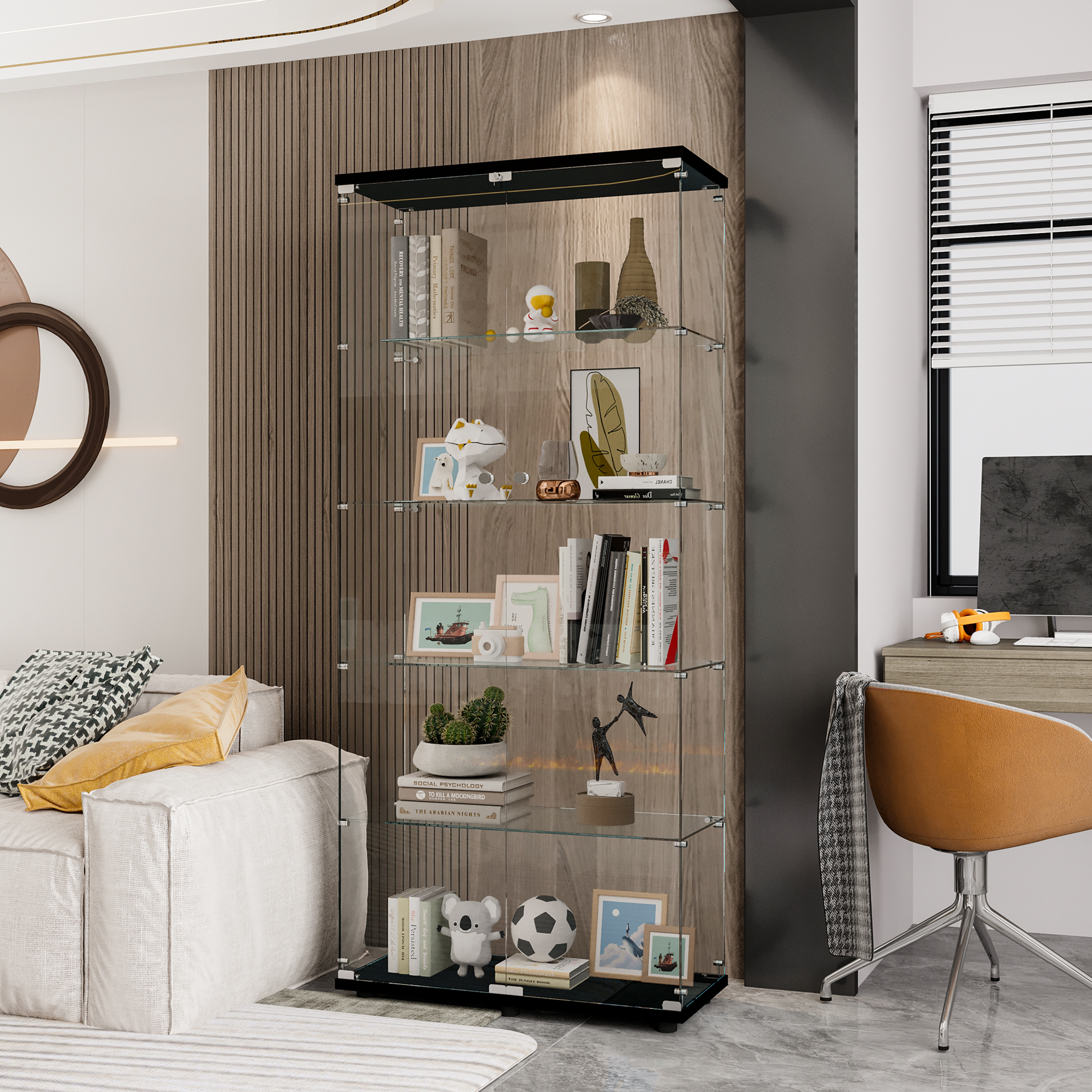 Vitrine 5 tablettes portes doubles, verre, noir