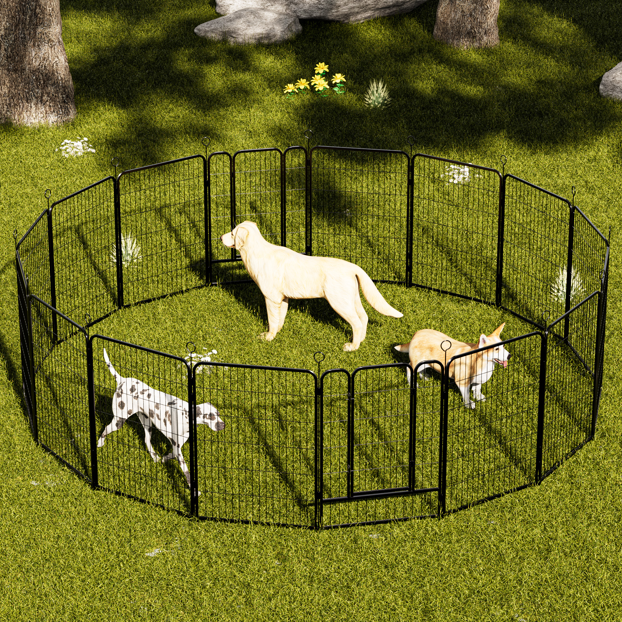 Parc chien 40po, 16 panneaux, métal lourd, anti-rouille, extensible