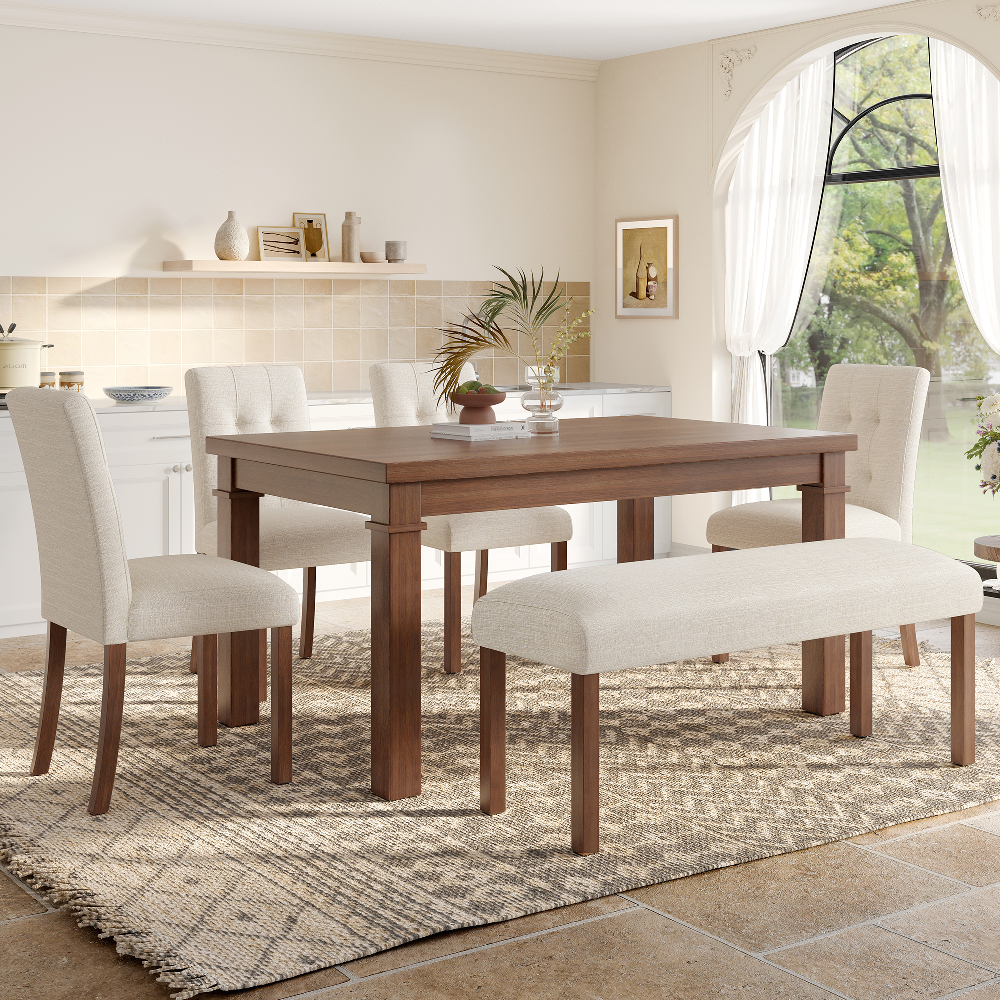 Ensemble salle à manger 6 pièces - Table, 4 chaises, banc gris