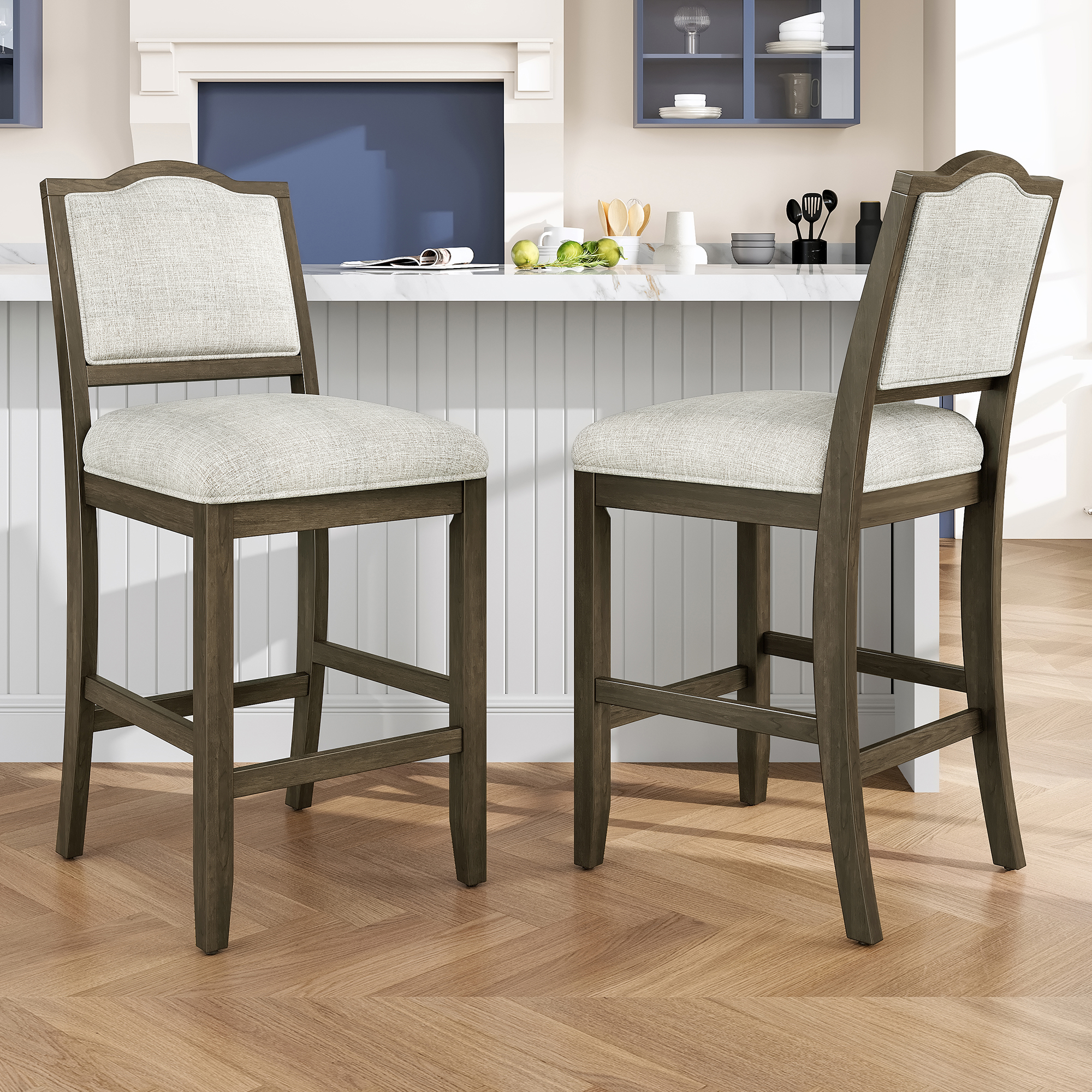 Ensemble 2 tabourets hauteur comptoir bois rustique, dossier ergonomique