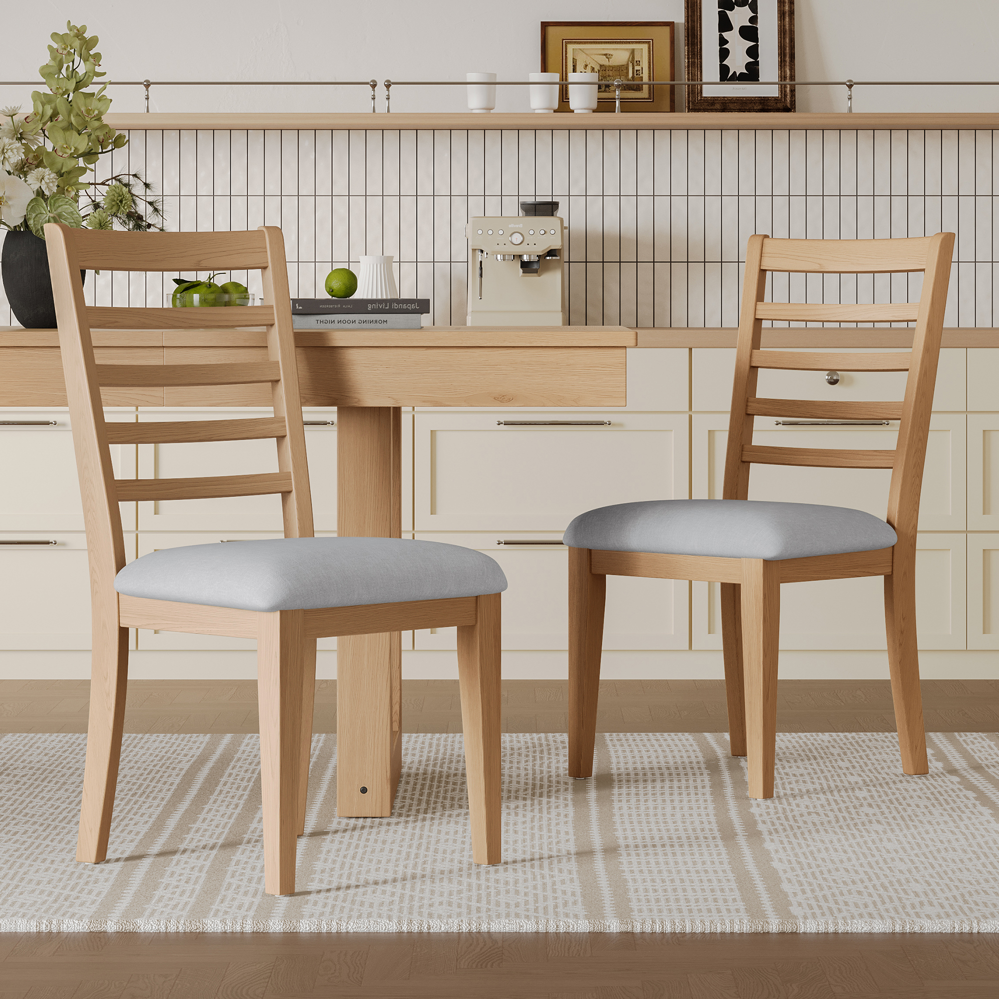 Ensemble 2 chaises salle à manger, dossier échelle, bois, beige