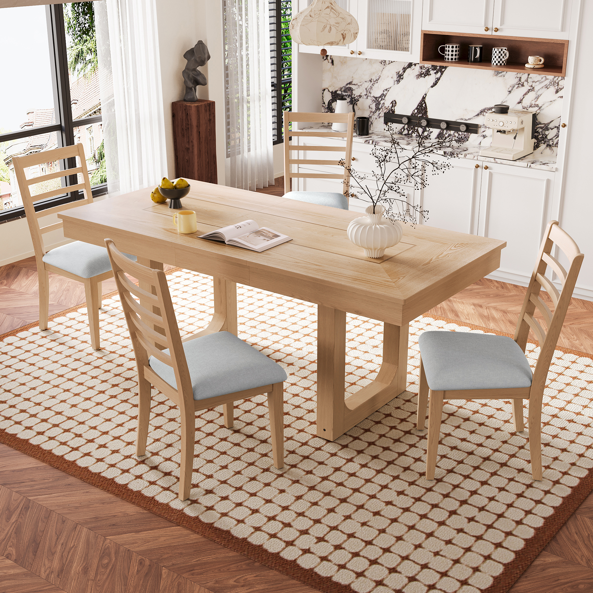 Ensemble dîner extensible 5 pièces, table rustique, beige