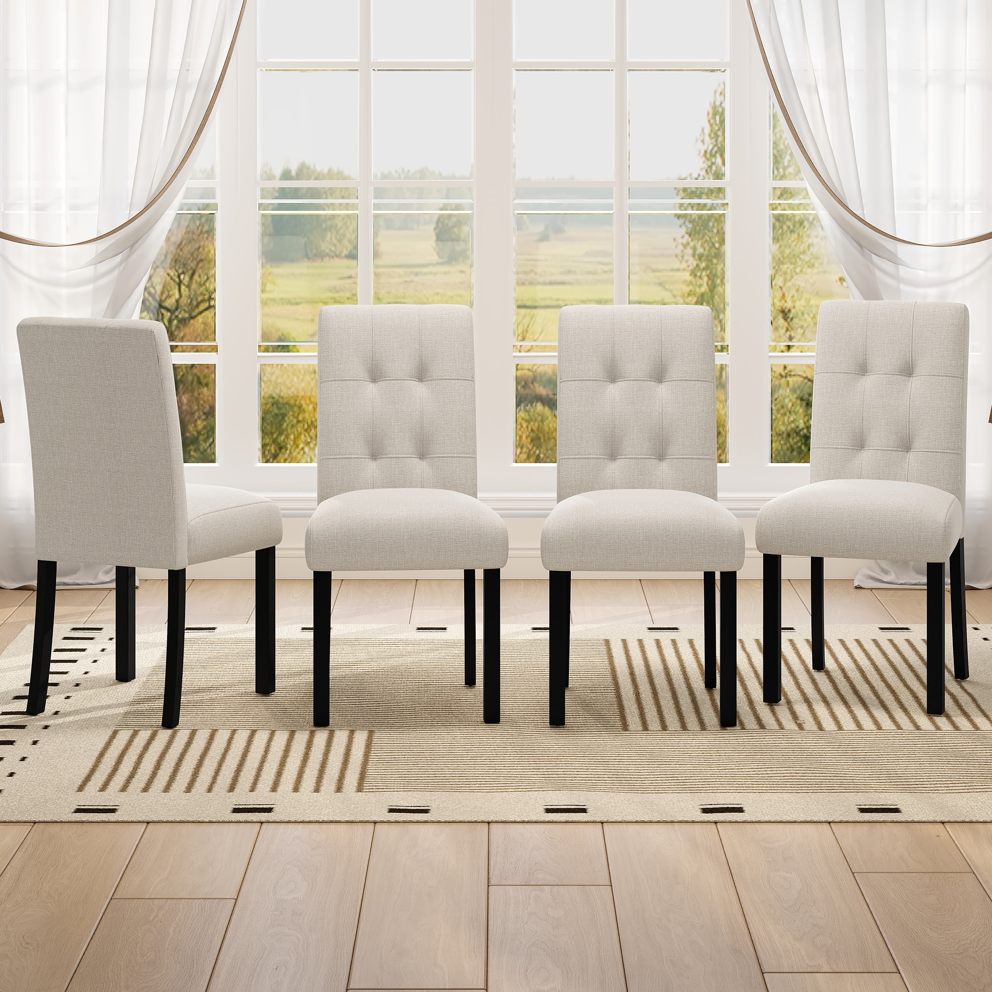 Chaise capitonnée 4 pièces lin rustique, pieds bois noir