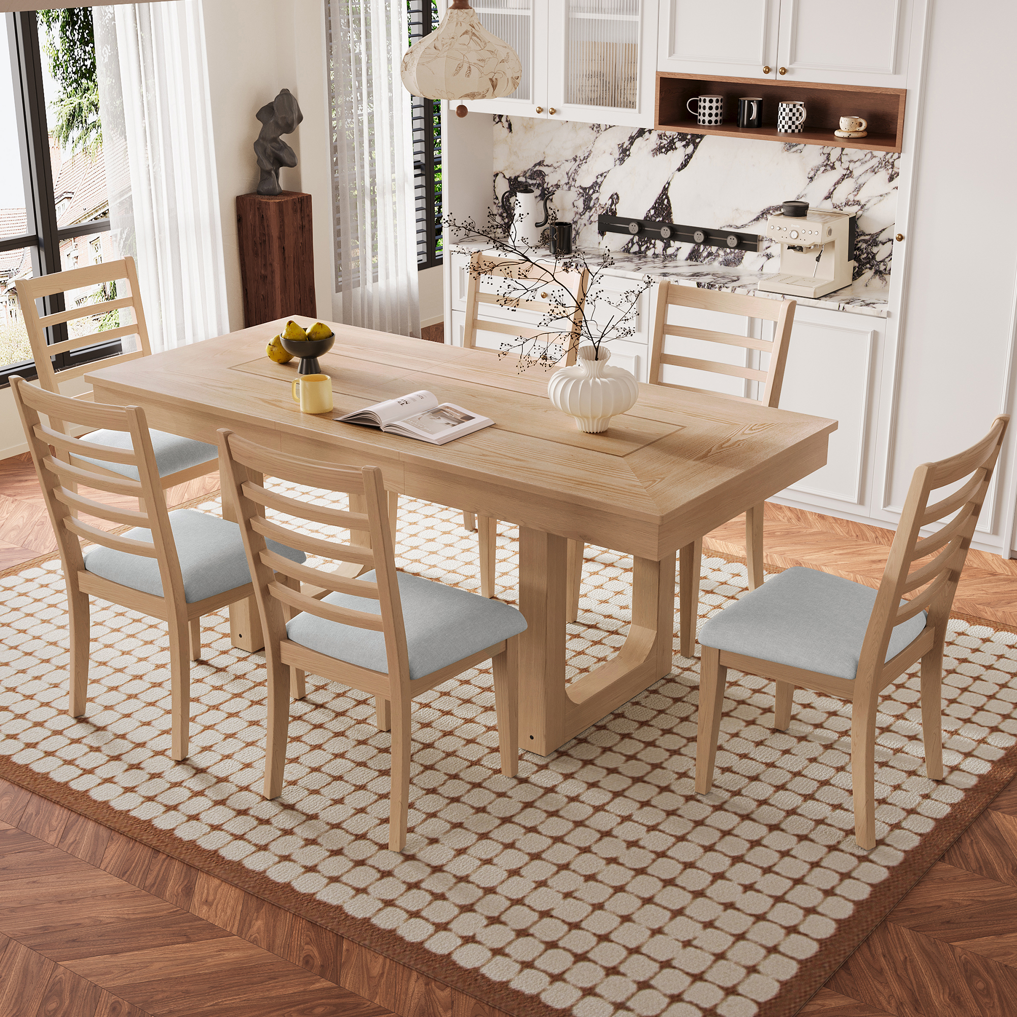 Ensemble dîner extensible 7 pièces, table rustique, beige