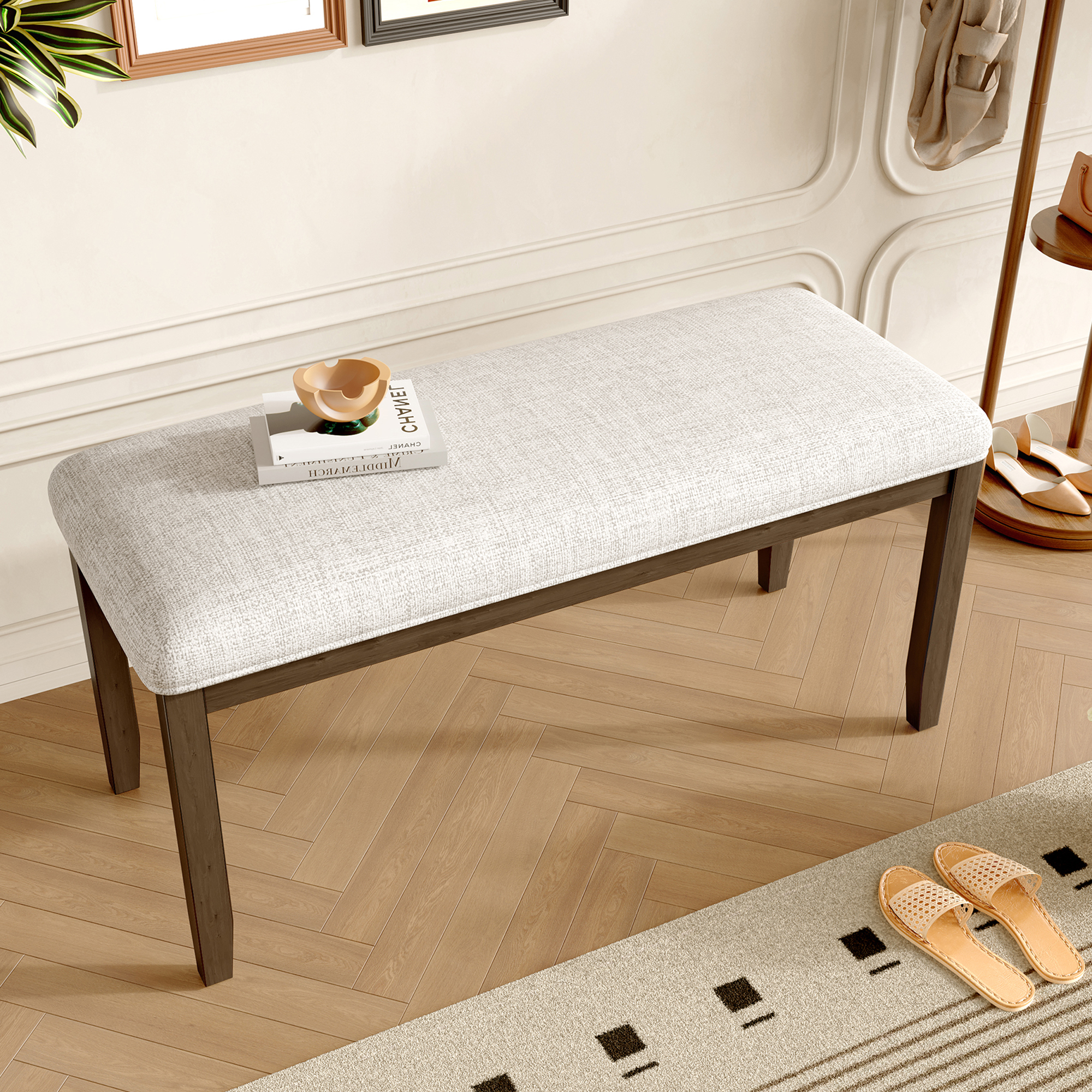 Banc chambre 38po beige dossier, pieds bois massif