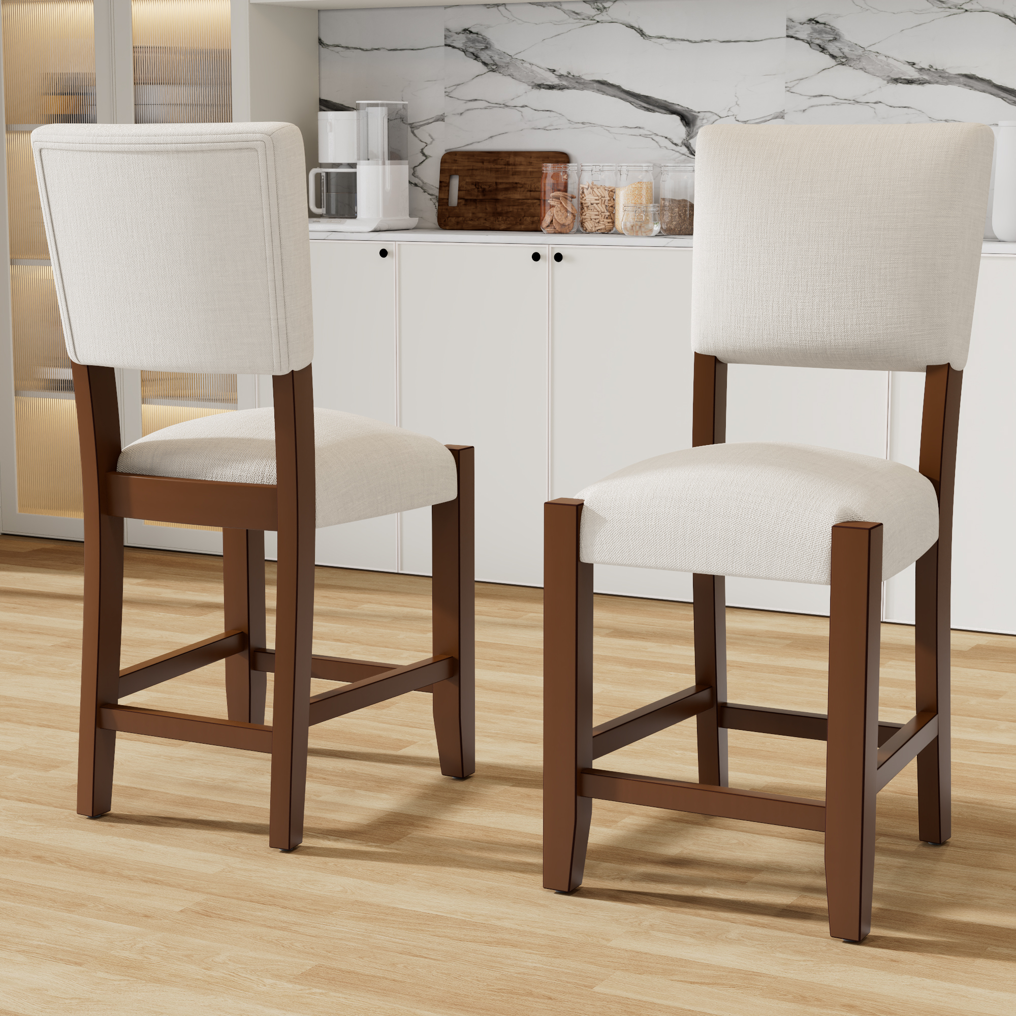 2pc tabourets bar mi-siècle moderne 40,4po, dossier, lin, bois, beige
