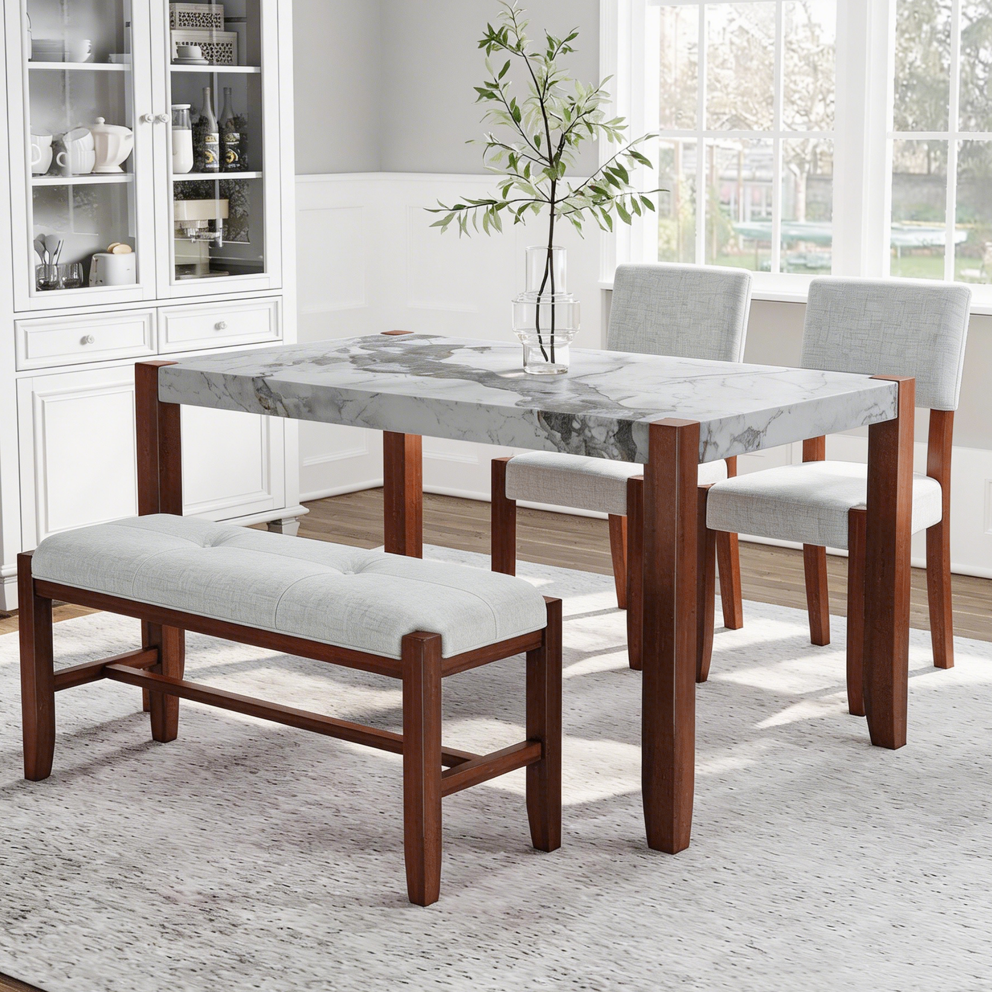 Ensemble salle à manger 4 pcs, table marbre, 2 chaises, banc