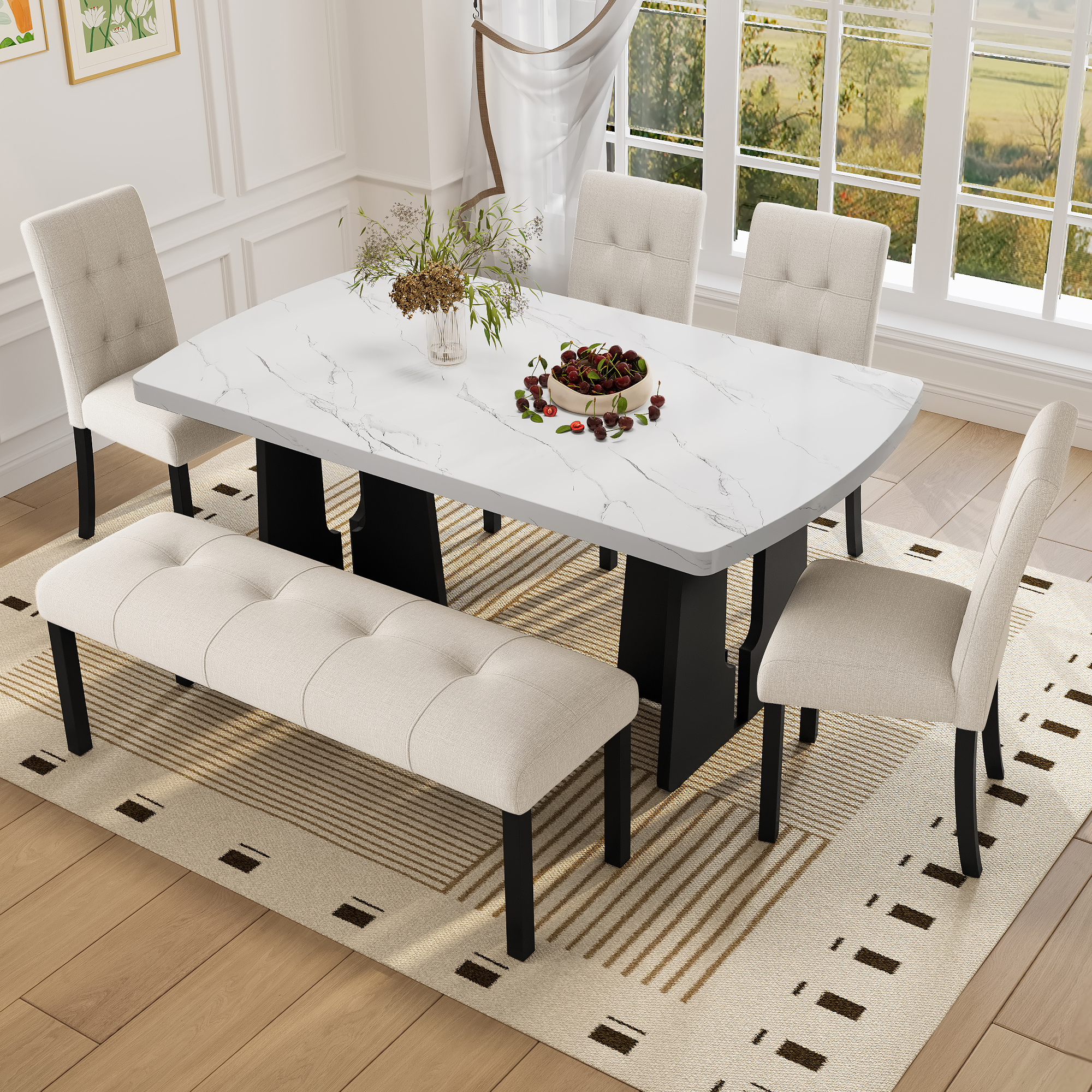 Ensemble salle à manger 6 pièces, table 63po marbre beige