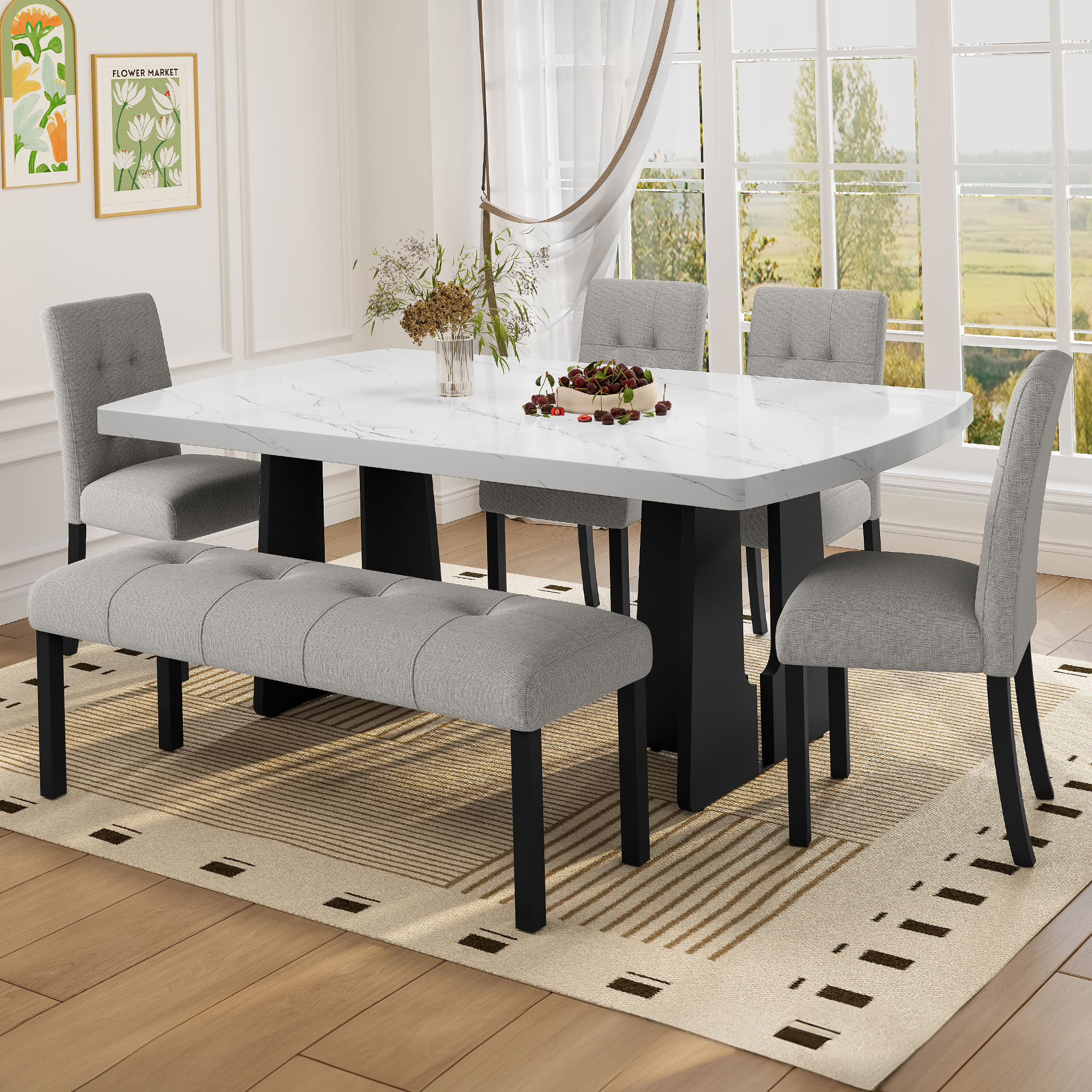 Ensemble 6 table salle à manger 63", marbre, gris blanc