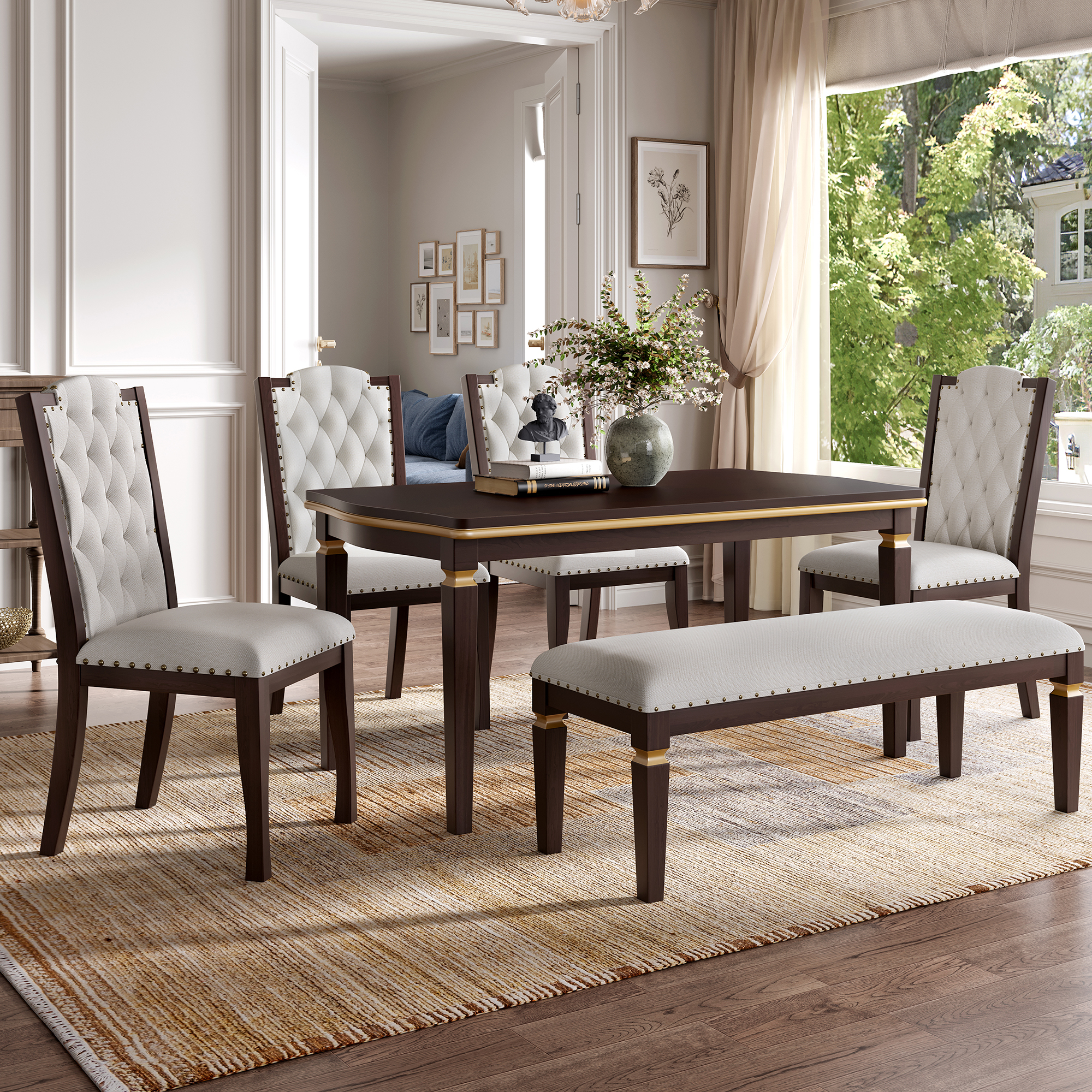 Ensemble table à manger 60", 4 chaises dossier haut, 1 banc, espresso