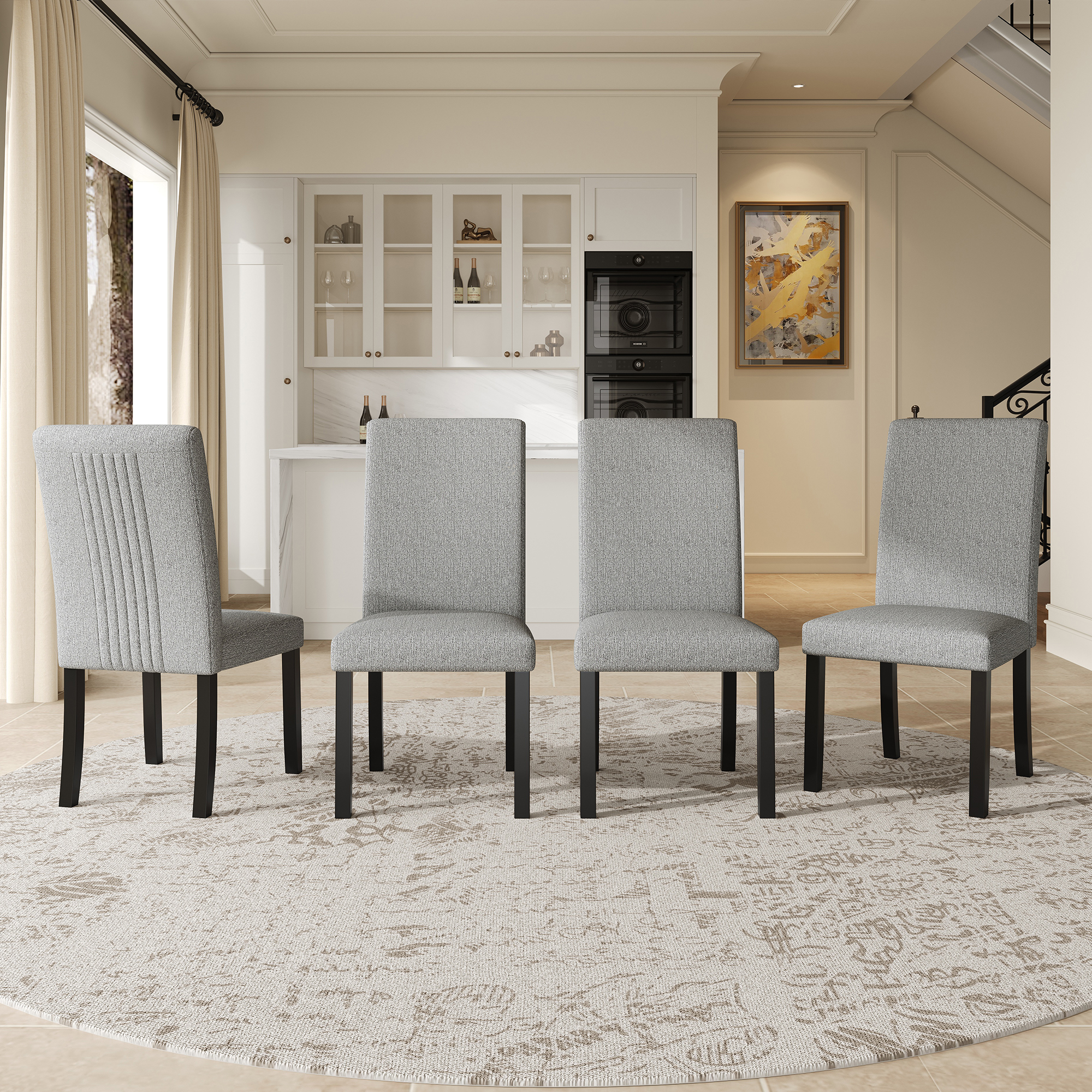 Ensemble 4 chaises salle à manger tissu gris, pieds bois