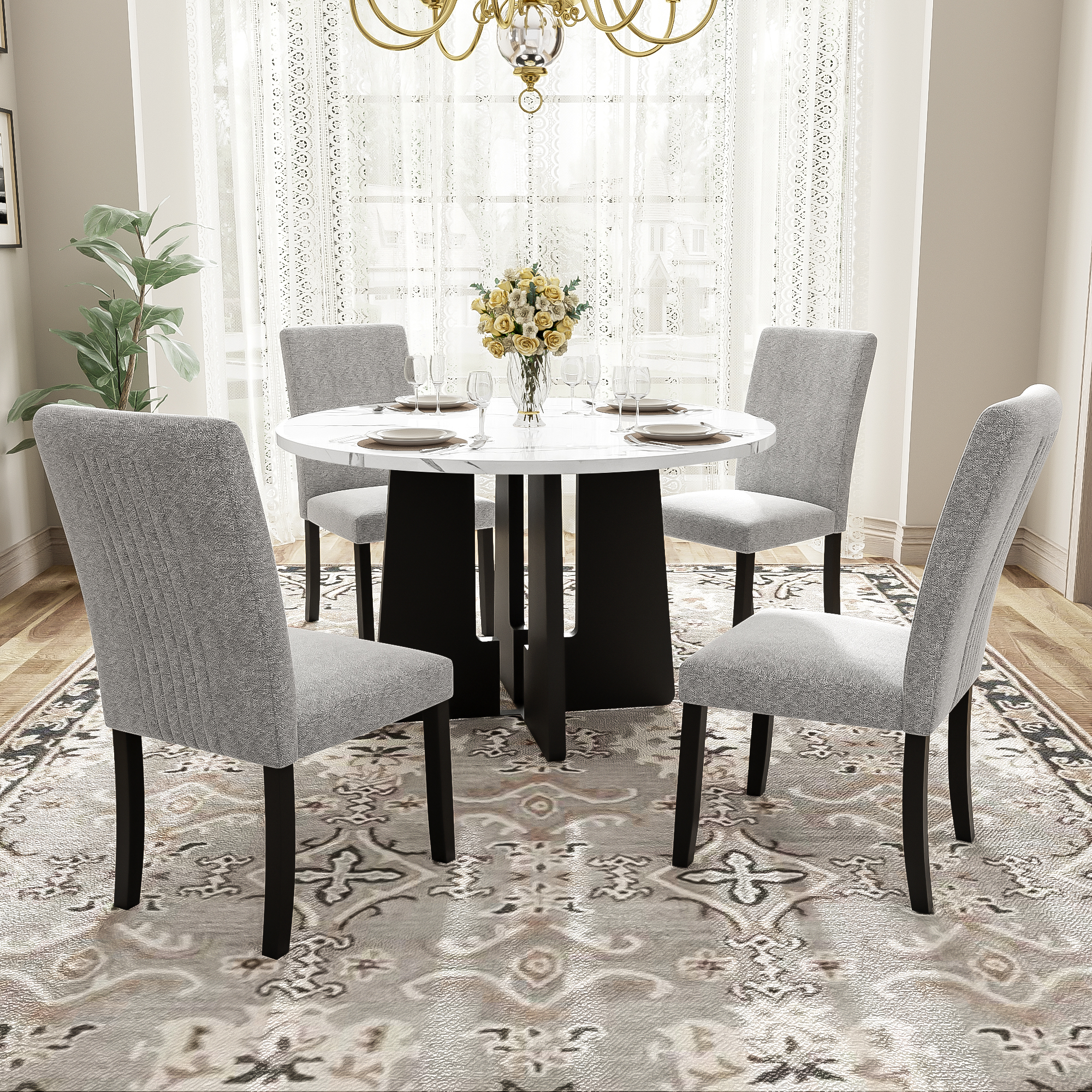 Ensemble table ronde 43 po, 4 chaises capitonnées