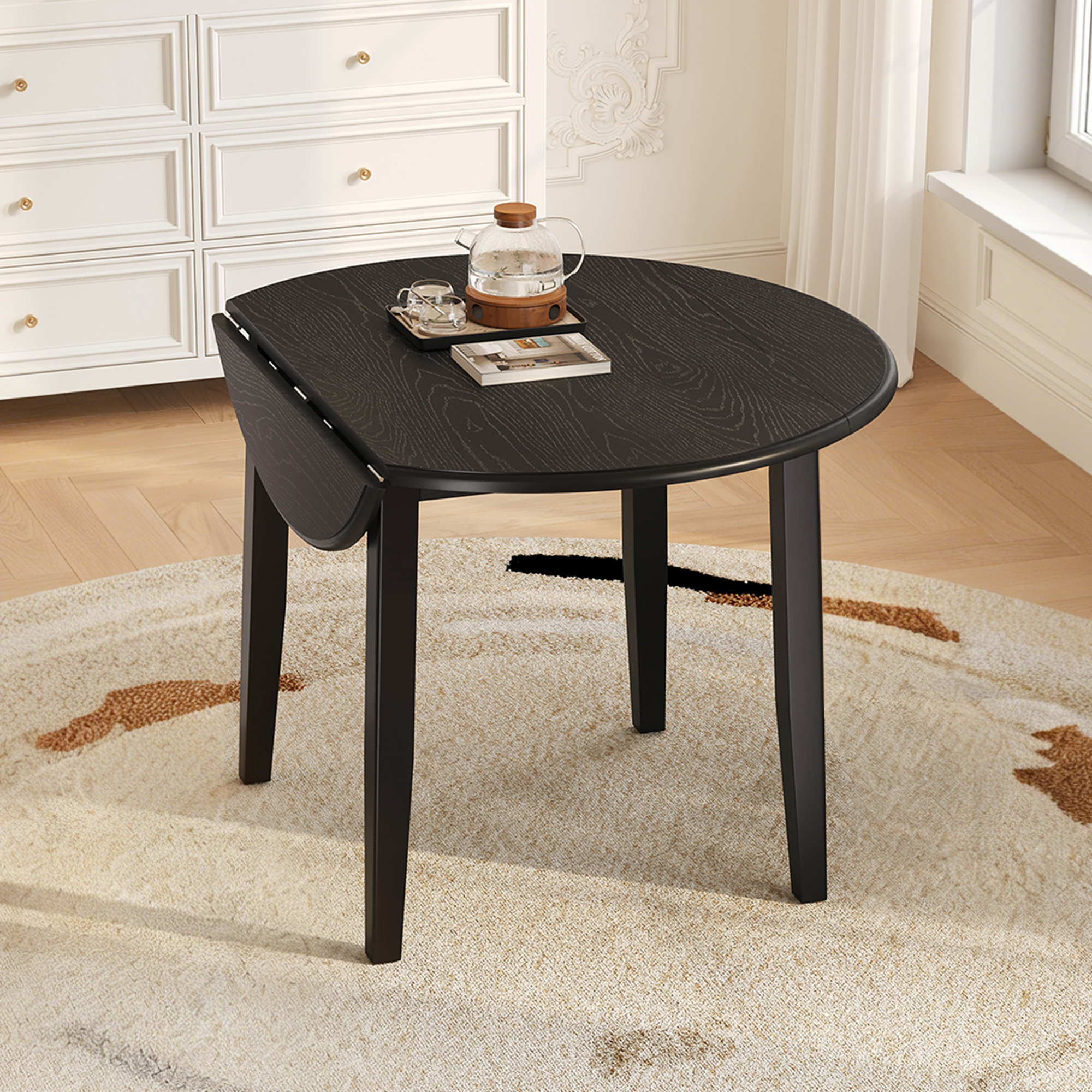 Table à manger ronde extensible, design épargne-espace noir
